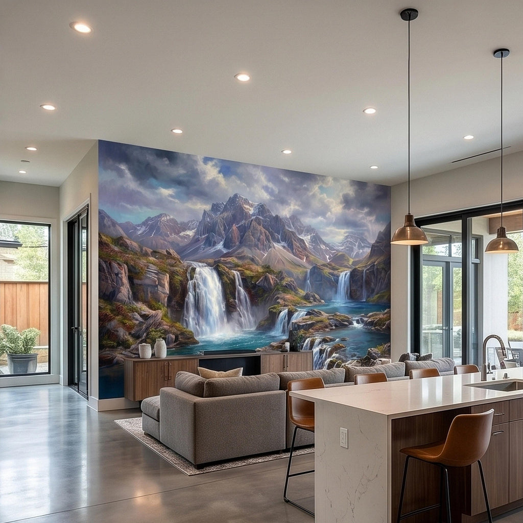 Mountain Waterfalls Peel and Stick Wall Mural, Alpine Glacier Peaks and Turquoise Lake Scenic Landscape, Dramatic Panoramic Art Wallpaper