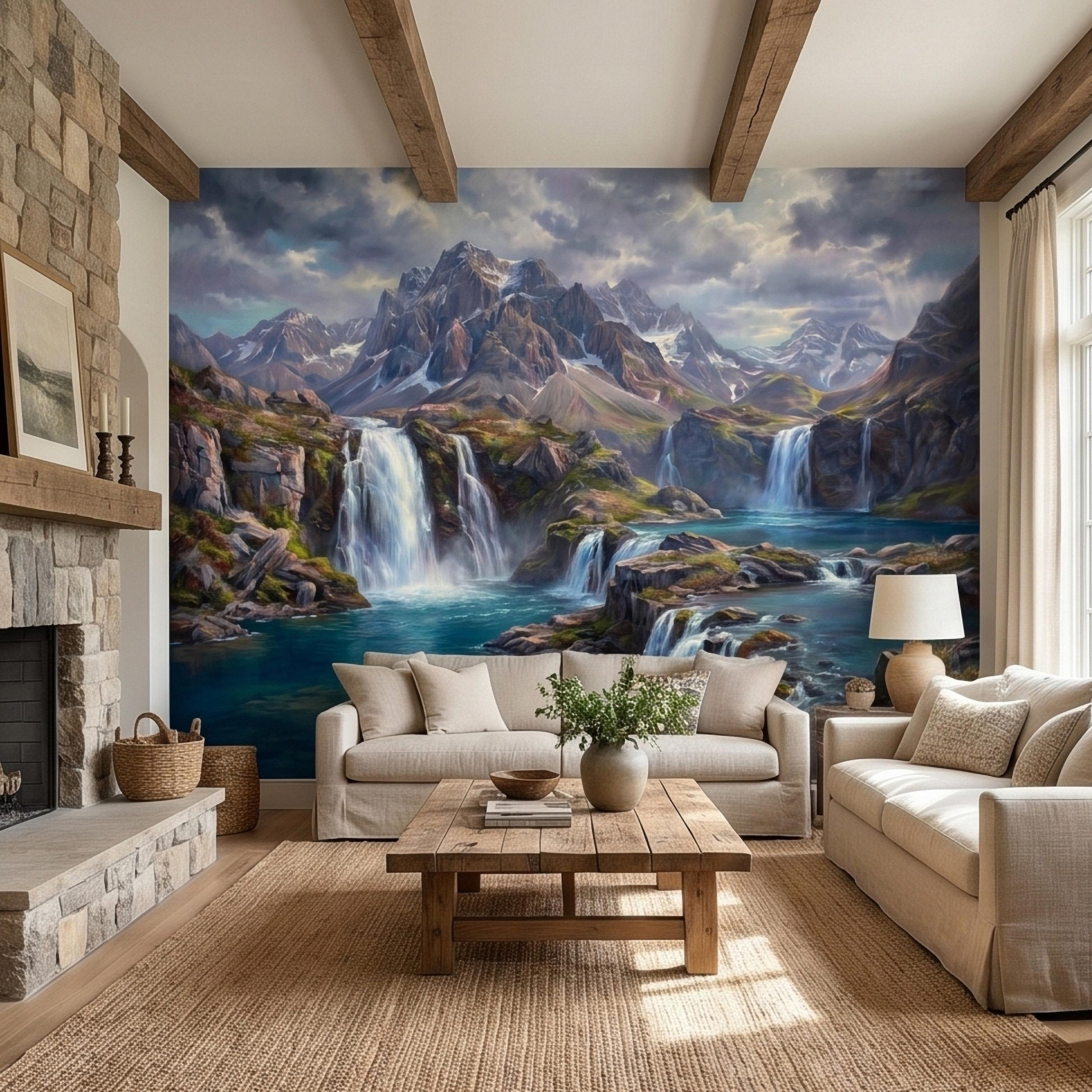 Mountain Waterfalls Peel and Stick Wall Mural, Alpine Glacier Peaks and Turquoise Lake Scenic Landscape, Dramatic Panoramic Art Wallpaper