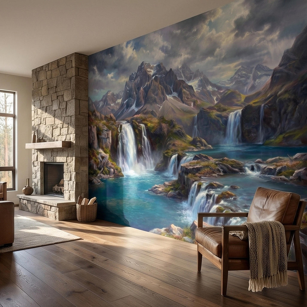 Mountain Waterfalls Peel and Stick Wall Mural, Alpine Glacier Peaks and Turquoise Lake Scenic Landscape, Dramatic Panoramic Art Wallpaper