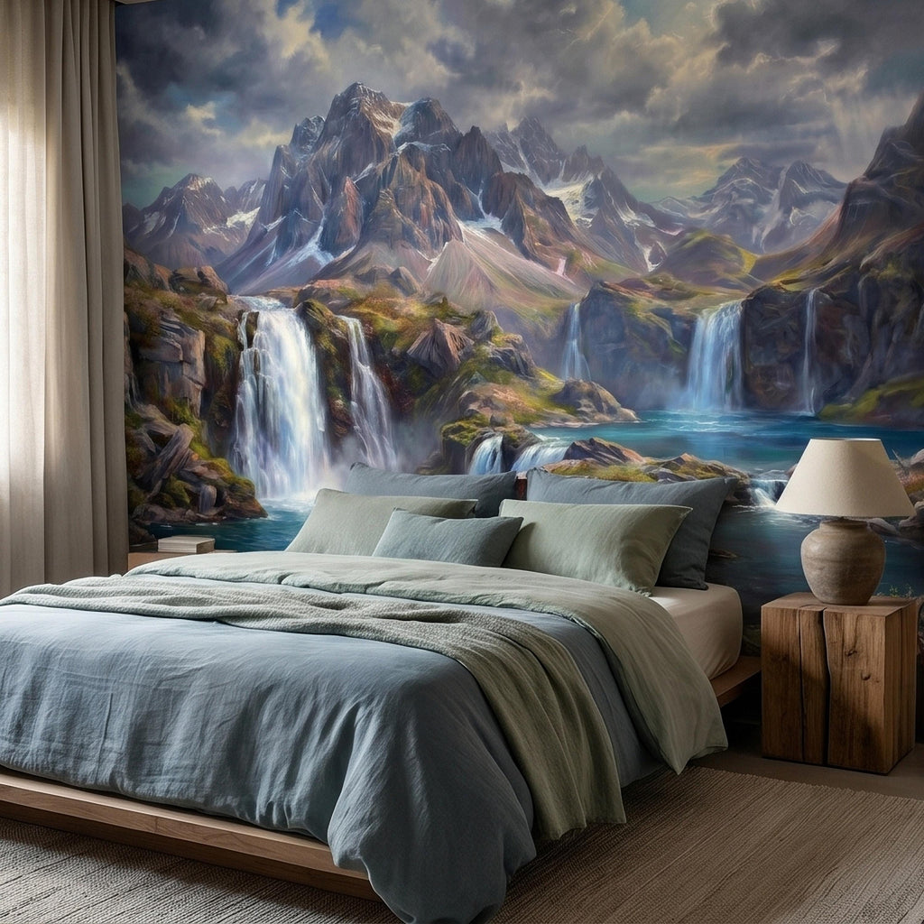 Mountain Waterfalls Peel and Stick Wall Mural, Alpine Glacier Peaks and Turquoise Lake Scenic Landscape, Dramatic Panoramic Art Wallpaper
