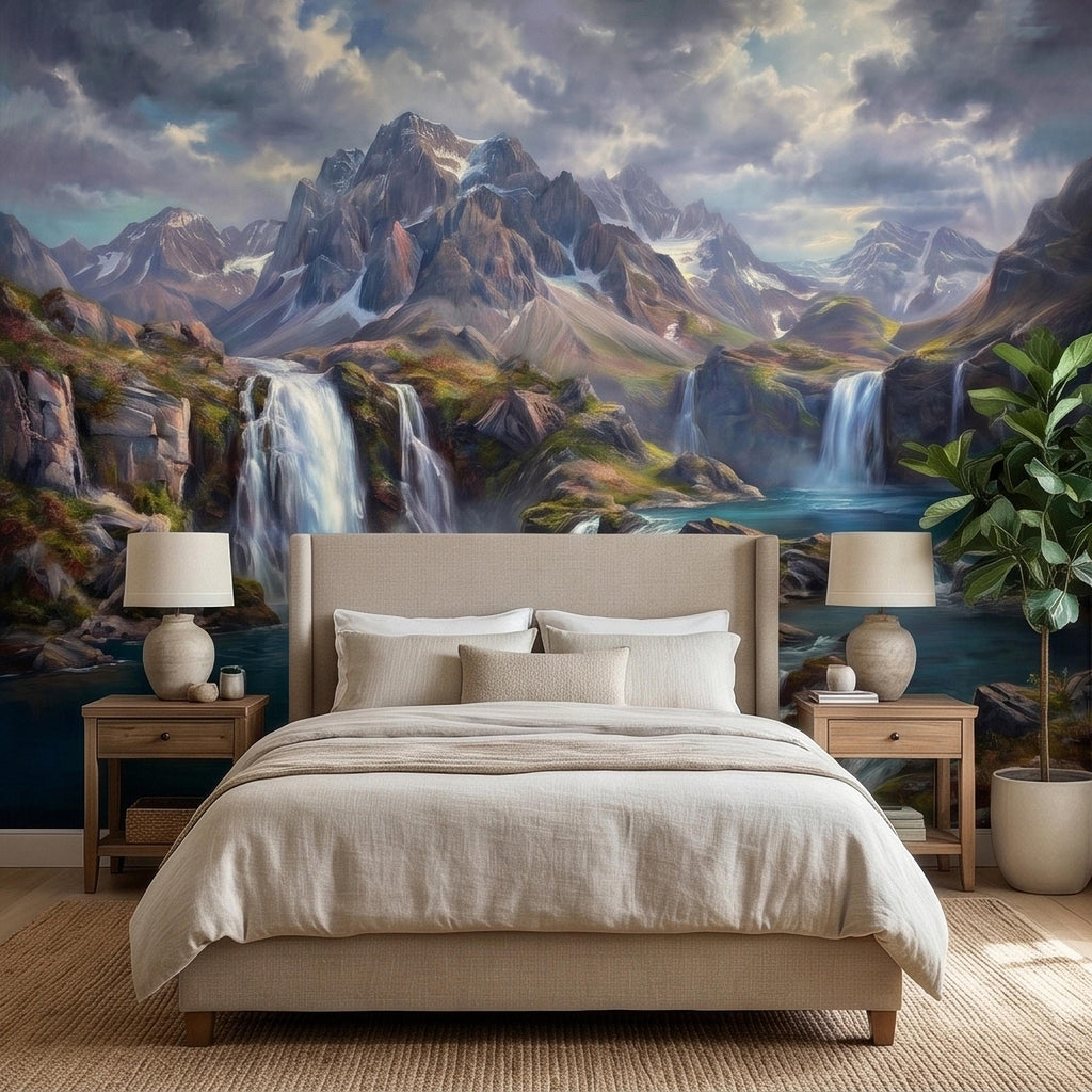 Mountain Waterfalls Peel and Stick Wall Mural, Alpine Glacier Peaks and Turquoise Lake Scenic Landscape, Dramatic Panoramic Art Wallpaper