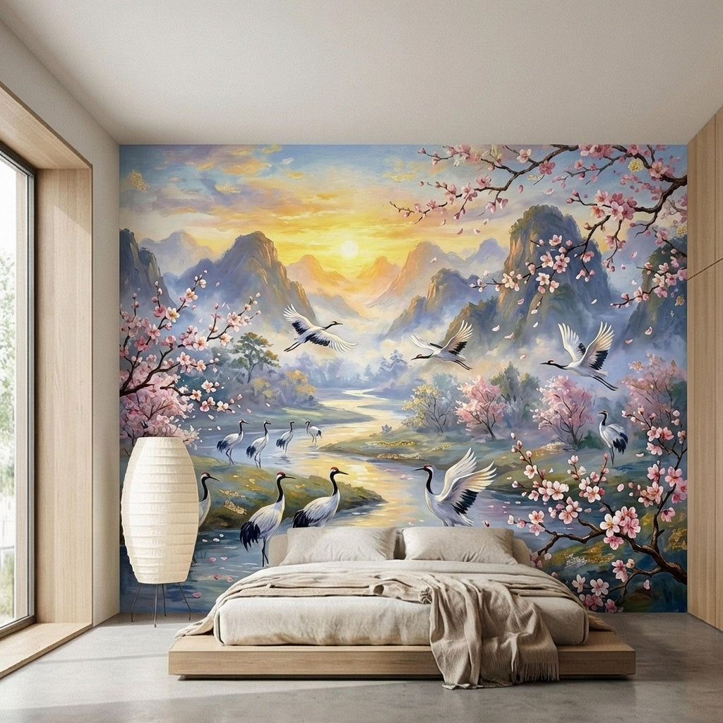 Asian Mountain Lake Landscape Peel and Stick Wall Mural, Cherry Blossom Cranes Golden Sunrise, Serene Mist River Chinoiserie Wallpaper