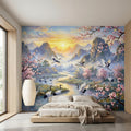 Asian Mountain Lake Landscape Peel and Stick Wall Mural, Cherry Blossom Cranes Golden Sunrise, Serene Mist River Chinoiserie Wallpaper