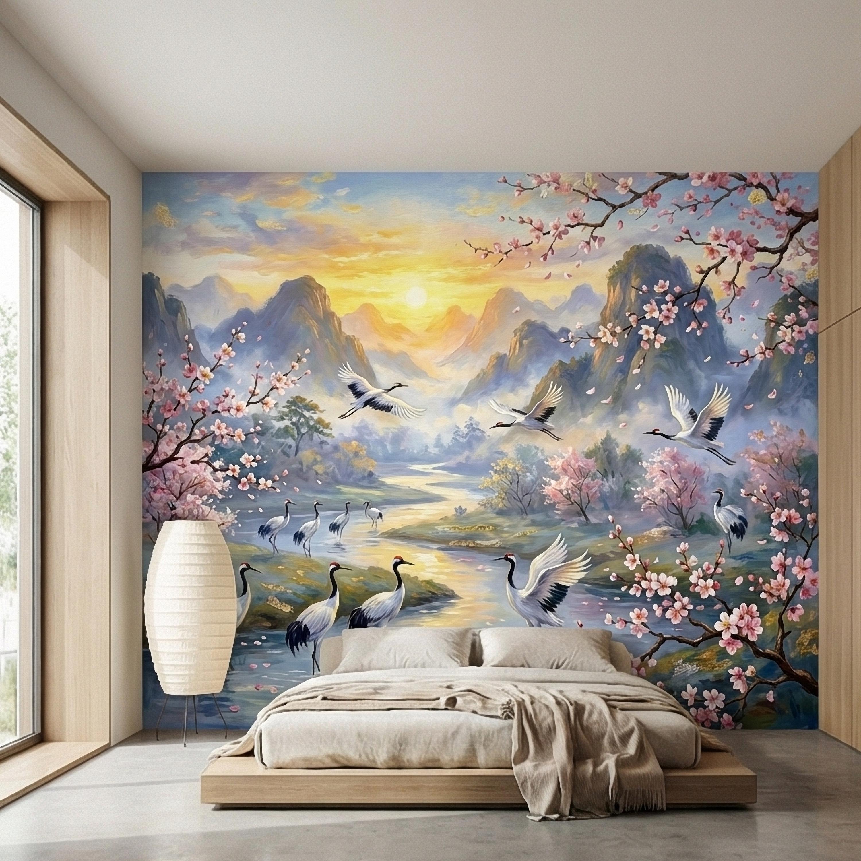 Asian Mountain Lake Landscape Peel and Stick Wall Mural, Cherry Blossom Cranes Golden Sunrise, Serene Mist River Chinoiserie Wallpaper