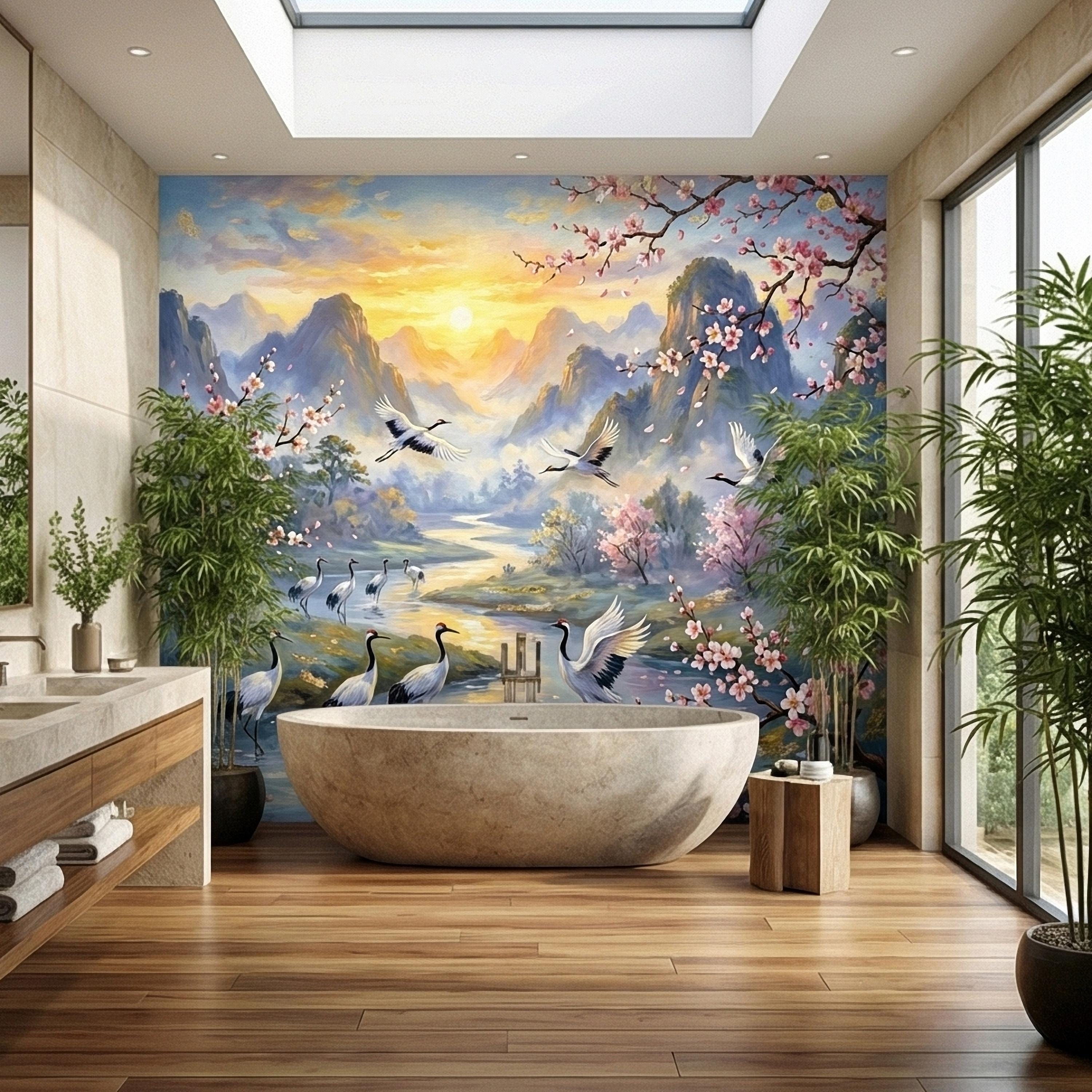 Asian Mountain Lake Landscape Peel and Stick Wall Mural, Cherry Blossom Cranes Golden Sunrise, Serene Mist River Chinoiserie Wallpaper