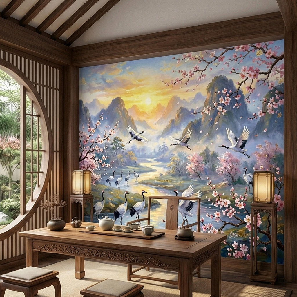 Asian Mountain Lake Landscape Peel and Stick Wall Mural, Cherry Blossom Cranes Golden Sunrise, Serene Mist River Chinoiserie Wallpaper