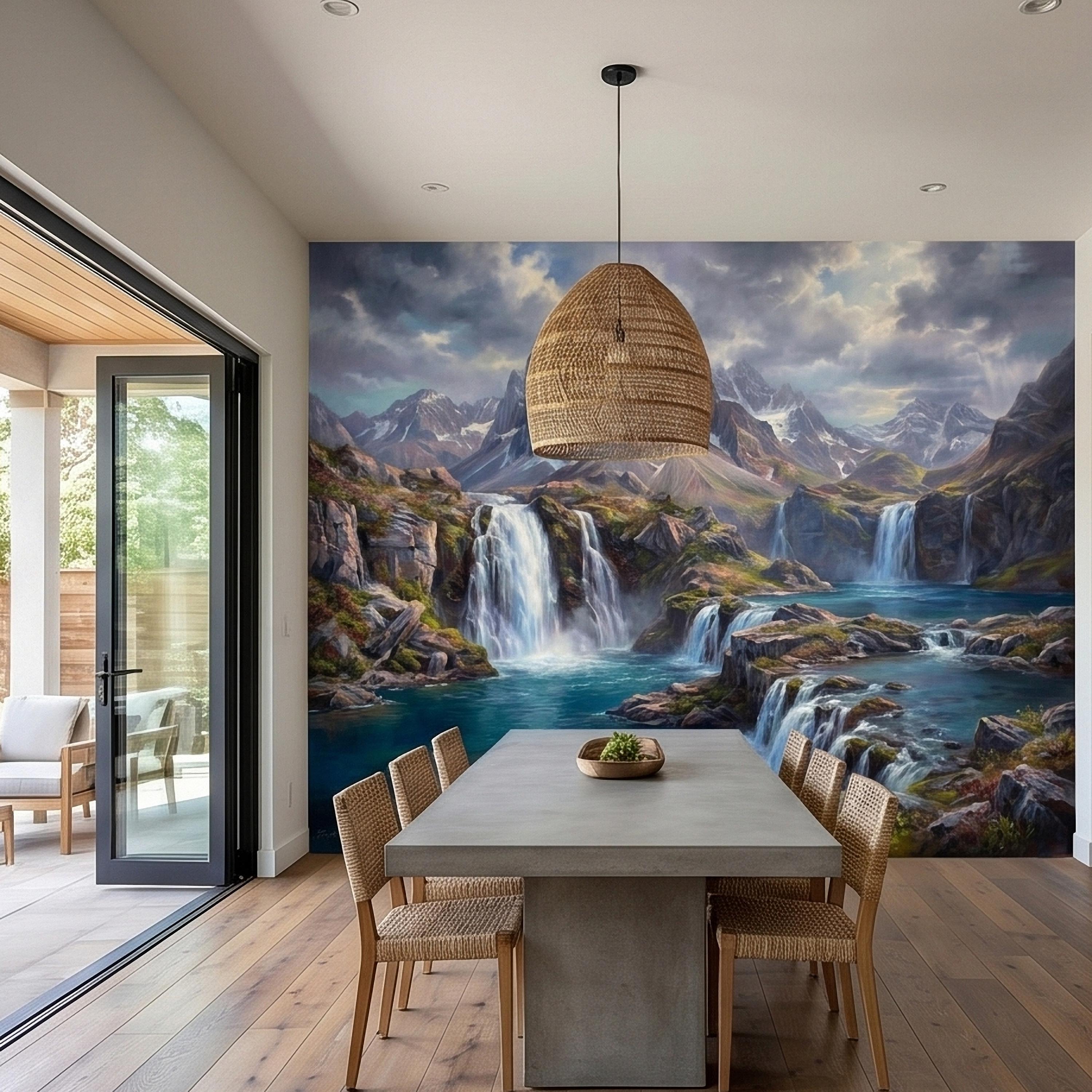 Mountain Waterfalls Peel and Stick Wall Mural, Alpine Glacier Peaks and Turquoise Lake Scenic Landscape, Dramatic Panoramic Art Wallpaper