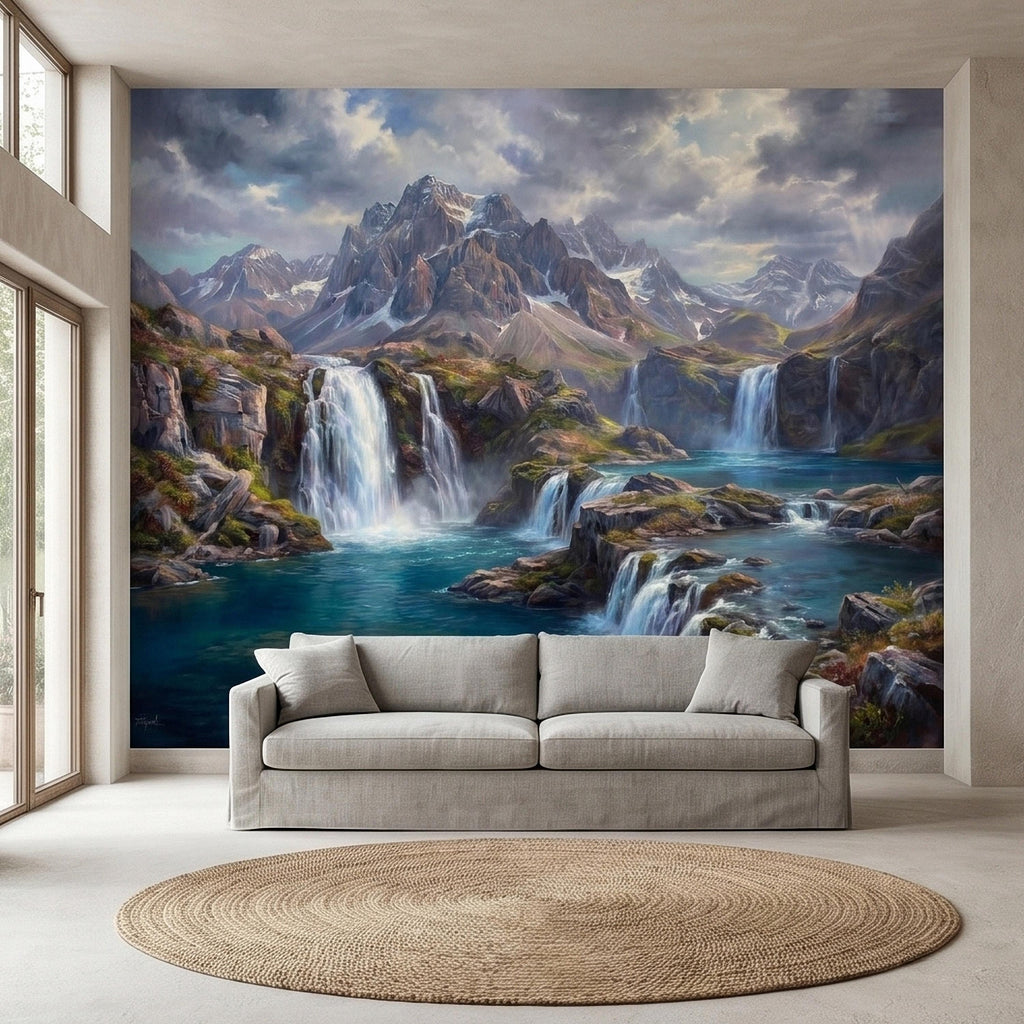 Mountain Waterfalls Peel and Stick Wall Mural, Alpine Glacier Peaks and Turquoise Lake Scenic Landscape, Dramatic Panoramic Art Wallpaper