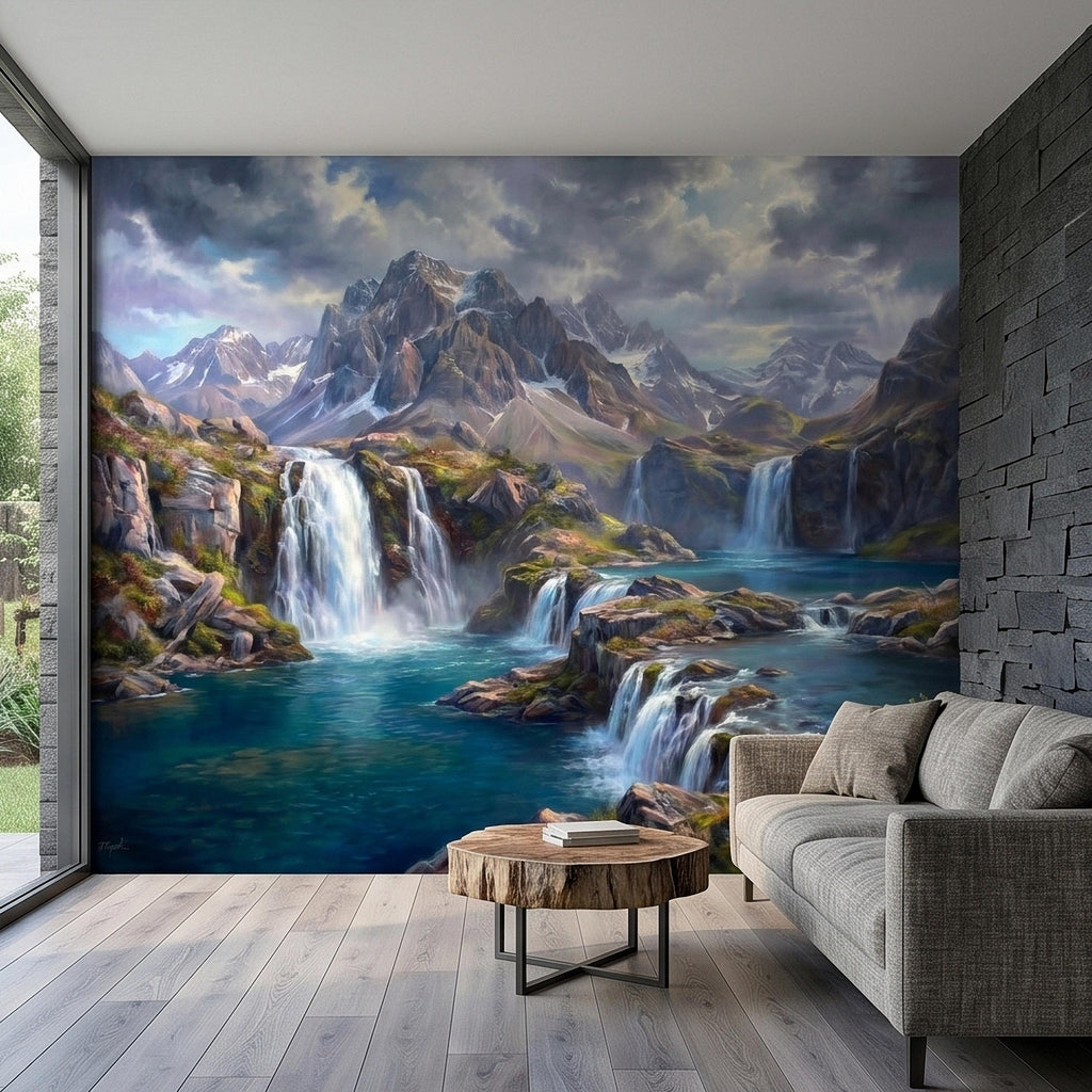 Mountain Waterfalls Peel and Stick Wall Mural, Alpine Glacier Peaks and Turquoise Lake Scenic Landscape, Dramatic Panoramic Art Wallpaper