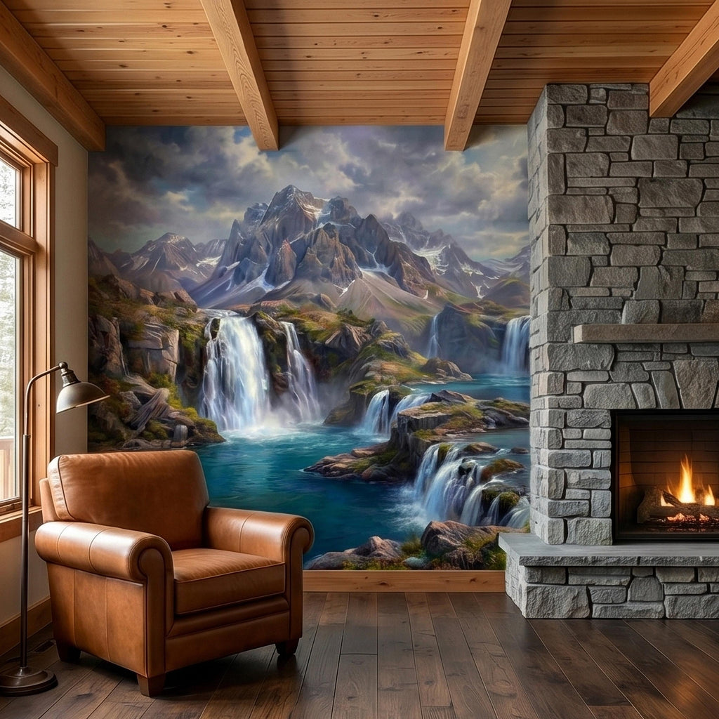 Mountain Waterfalls Peel and Stick Wall Mural, Alpine Glacier Peaks and Turquoise Lake Scenic Landscape, Dramatic Panoramic Art Wallpaper