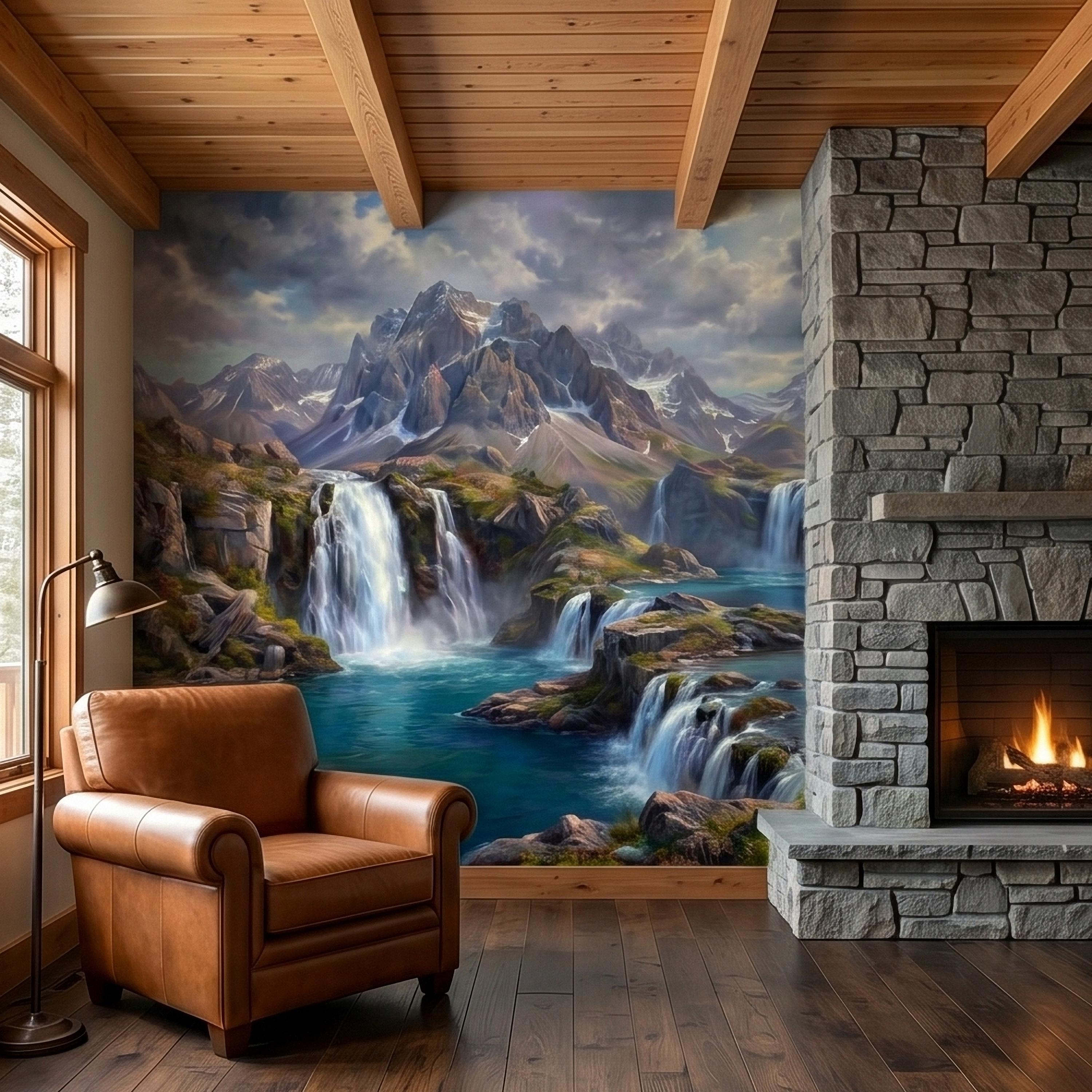 Mountain Waterfalls Peel and Stick Wall Mural, Alpine Glacier Peaks and Turquoise Lake Scenic Landscape, Dramatic Panoramic Art Wallpaper