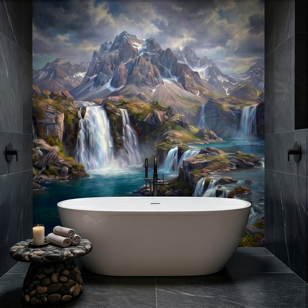 Mountain Waterfalls Peel and Stick Wall Mural, Alpine Glacier Peaks and Turquoise Lake Scenic Landscape, Dramatic Panoramic Art Wallpaper