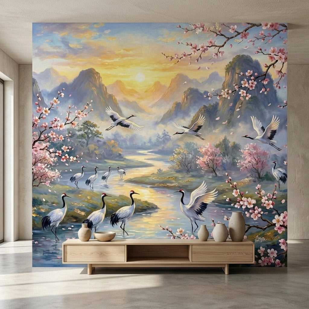 Asian Mountain Lake Landscape Peel and Stick Wall Mural, Cherry Blossom Cranes Golden Sunrise, Serene Mist River Chinoiserie Wallpaper