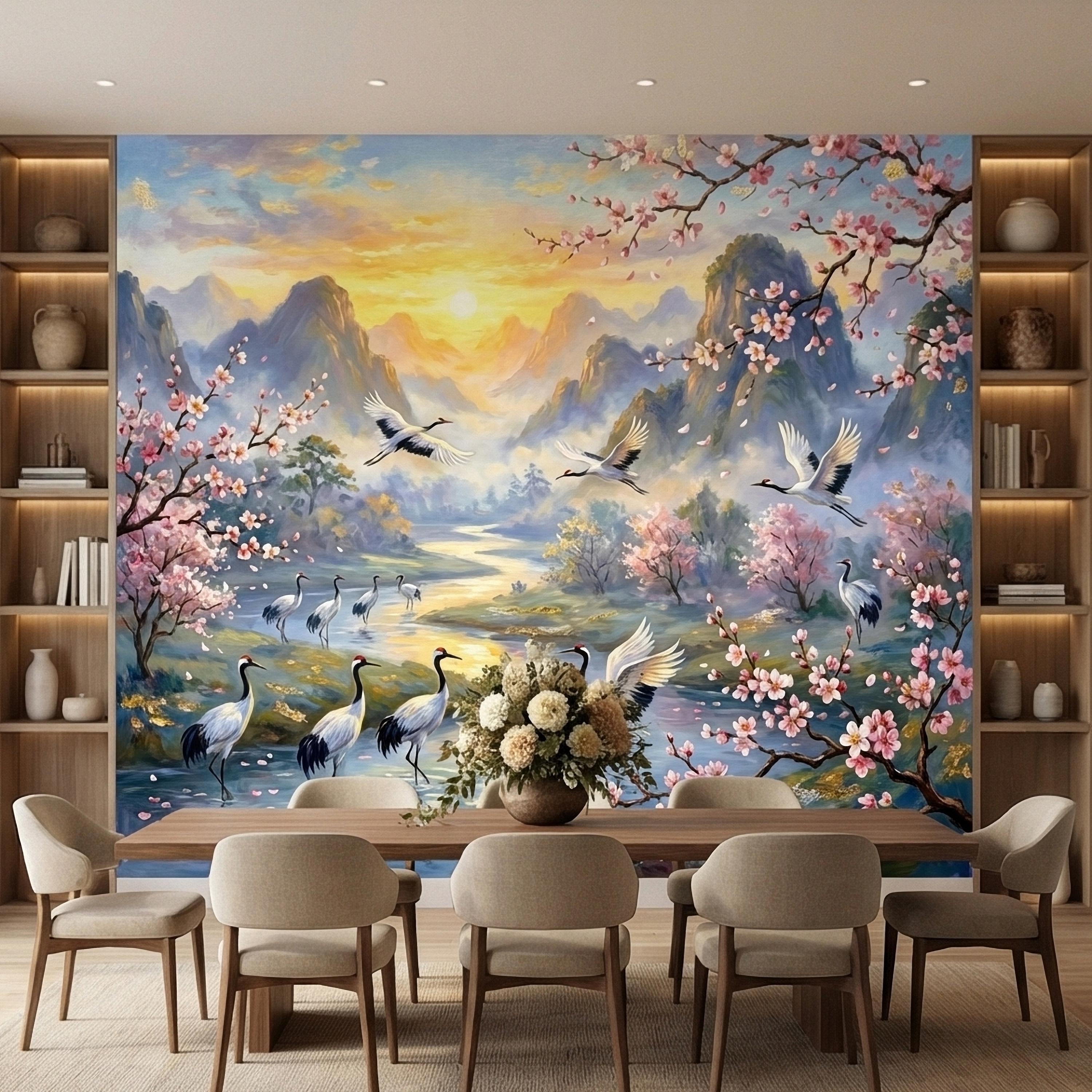 Asian Mountain Lake Landscape Peel and Stick Wall Mural, Cherry Blossom Cranes Golden Sunrise, Serene Mist River Chinoiserie Wallpaper