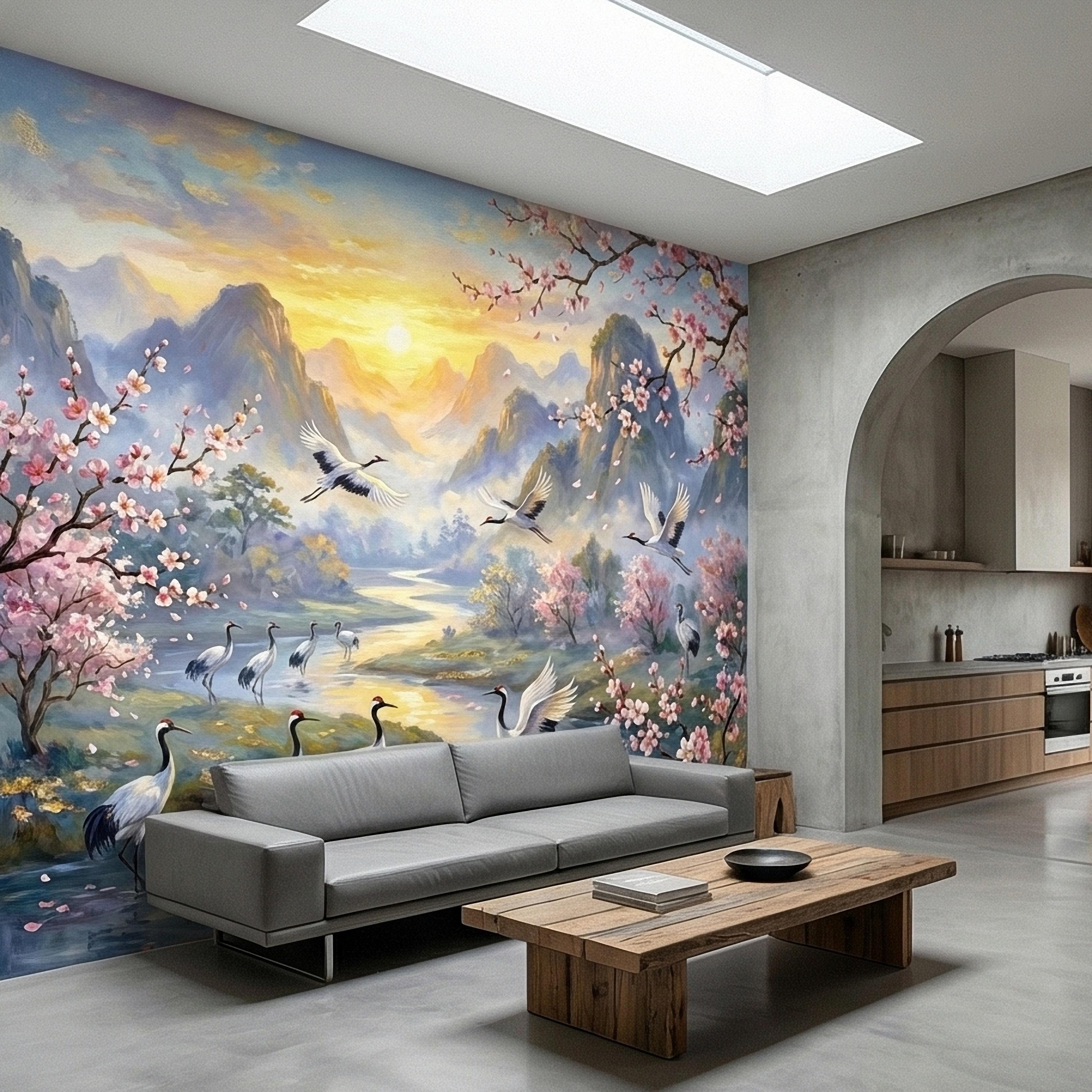 Asian Mountain Lake Landscape Peel and Stick Wall Mural, Cherry Blossom Cranes Golden Sunrise, Serene Mist River Chinoiserie Wallpaper