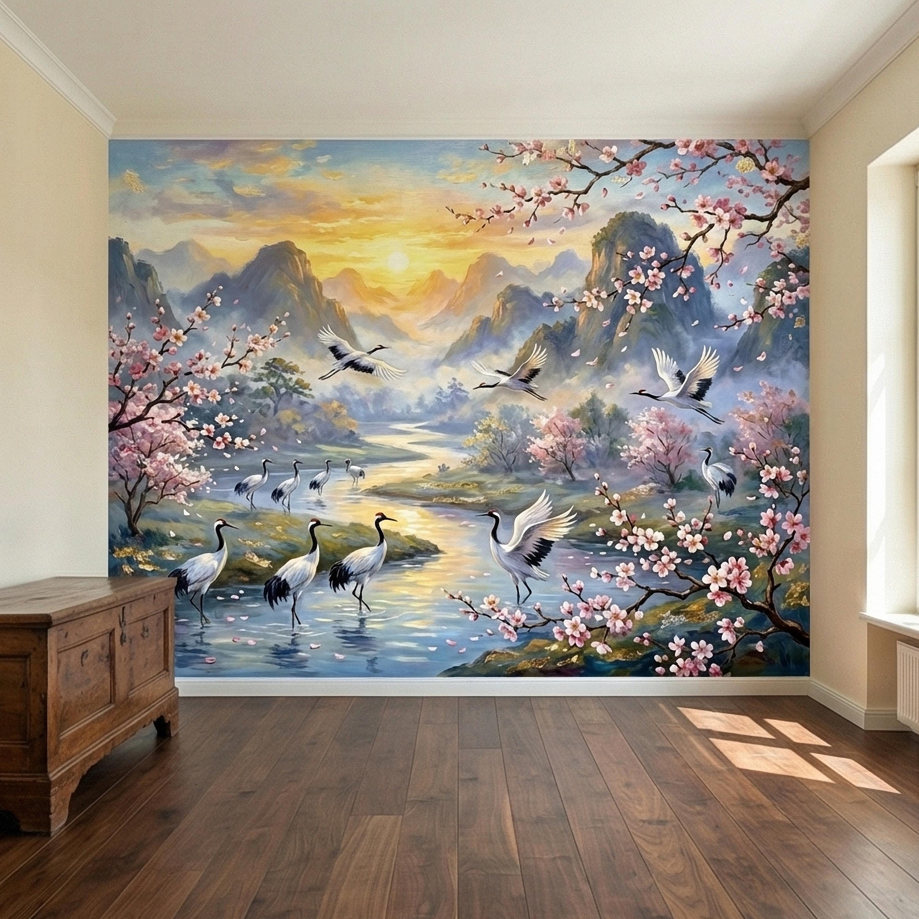 Asian Mountain Lake Landscape Peel and Stick Wall Mural, Cherry Blossom Cranes Golden Sunrise, Serene Mist River Chinoiserie Wallpaper