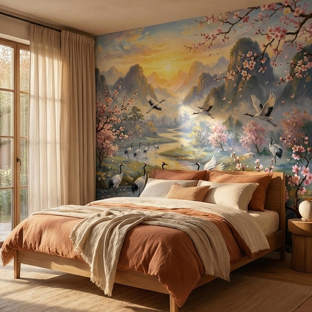 Asian Mountain Lake Landscape Peel and Stick Wall Mural, Cherry Blossom Cranes Golden Sunrise, Serene Mist River Chinoiserie Wallpaper