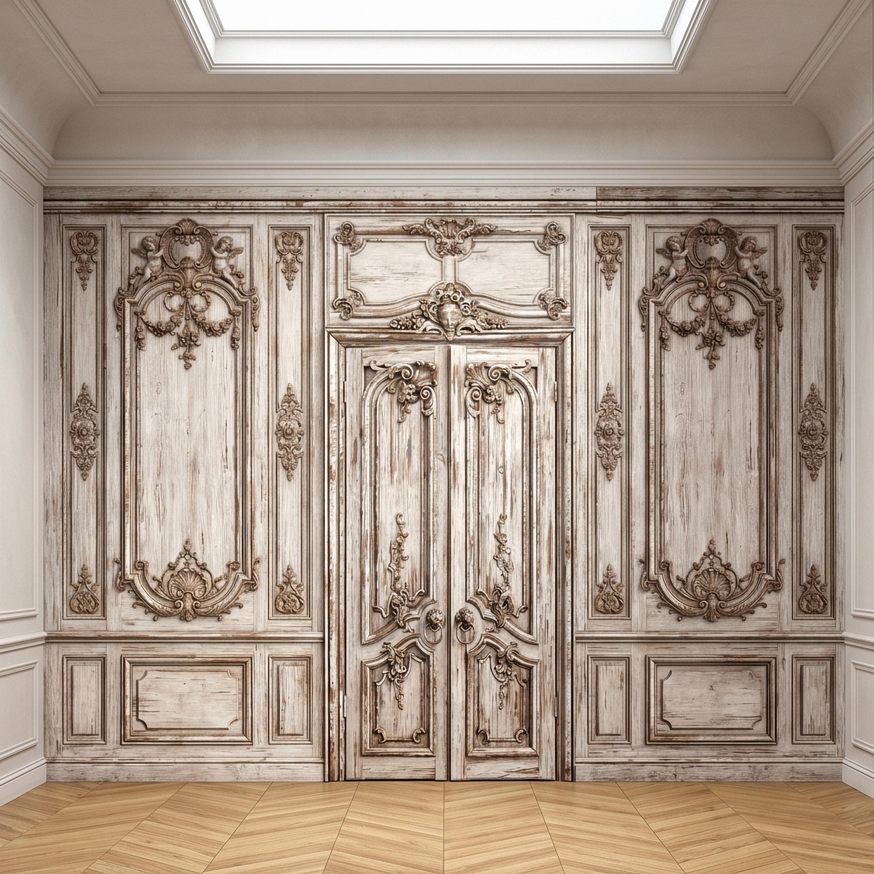 Vintage French Door Peel and Stick Wall Mural, Distressed White Baroque Boiserie Panels, Ornate Antique Chateau Trompe l'Oeil Wallpaper