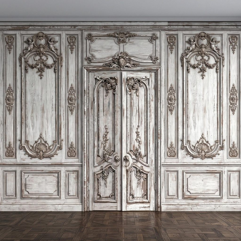 Vintage French Door Peel and Stick Wall Mural, Distressed White Baroque Boiserie Panels, Ornate Antique Chateau Trompe l'Oeil Wallpaper