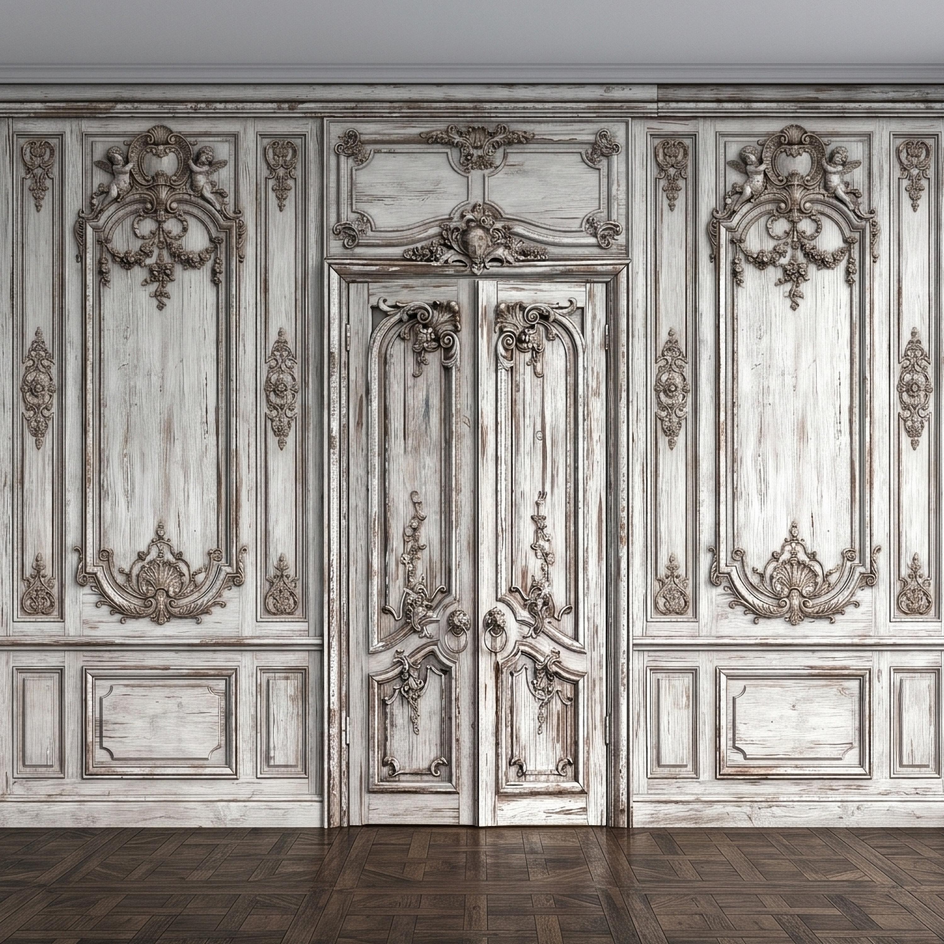 Vintage French Door Peel and Stick Wall Mural, Distressed White Baroque Boiserie Panels, Ornate Antique Chateau Trompe l'Oeil Wallpaper