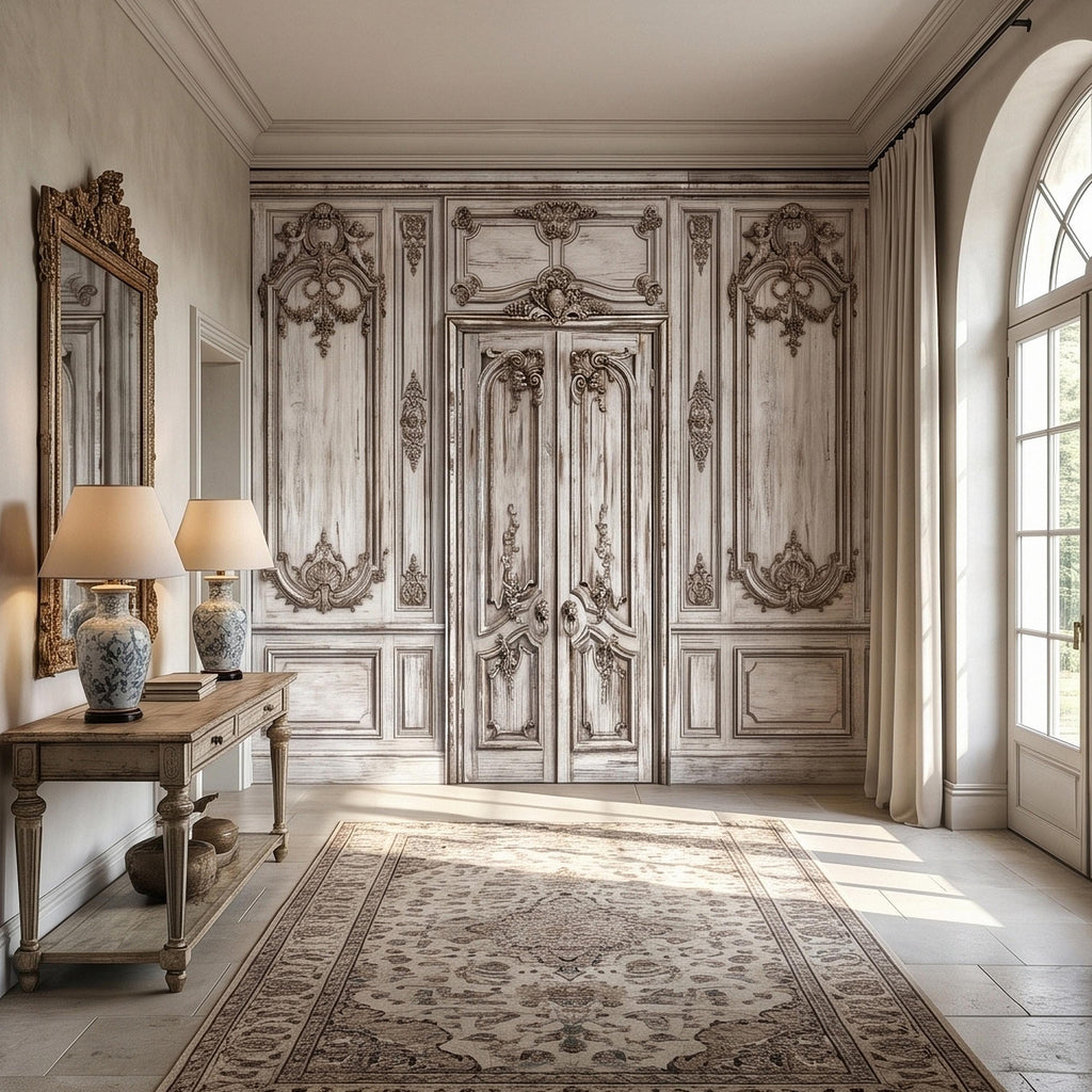 Vintage French Door Peel and Stick Wall Mural, Distressed White Baroque Boiserie Panels, Ornate Antique Chateau Trompe l'Oeil Wallpaper