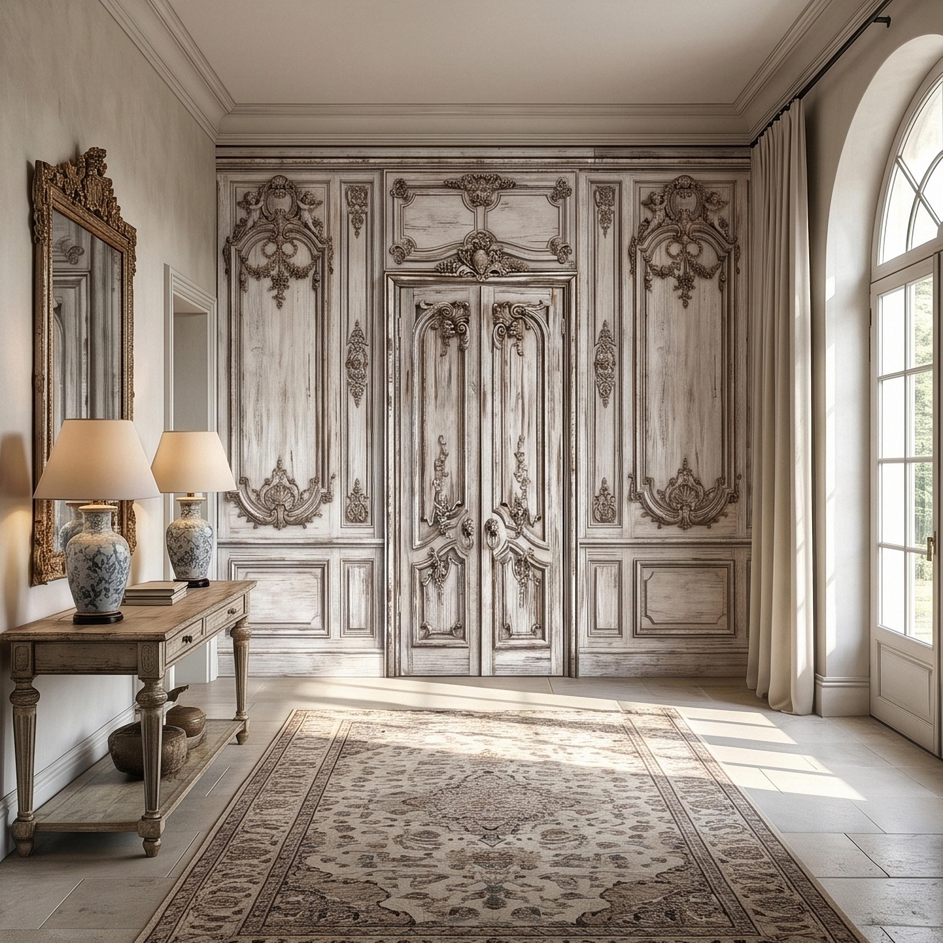 Vintage French Door Peel and Stick Wall Mural, Distressed White Baroque Boiserie Panels, Ornate Antique Chateau Trompe l'Oeil Wallpaper