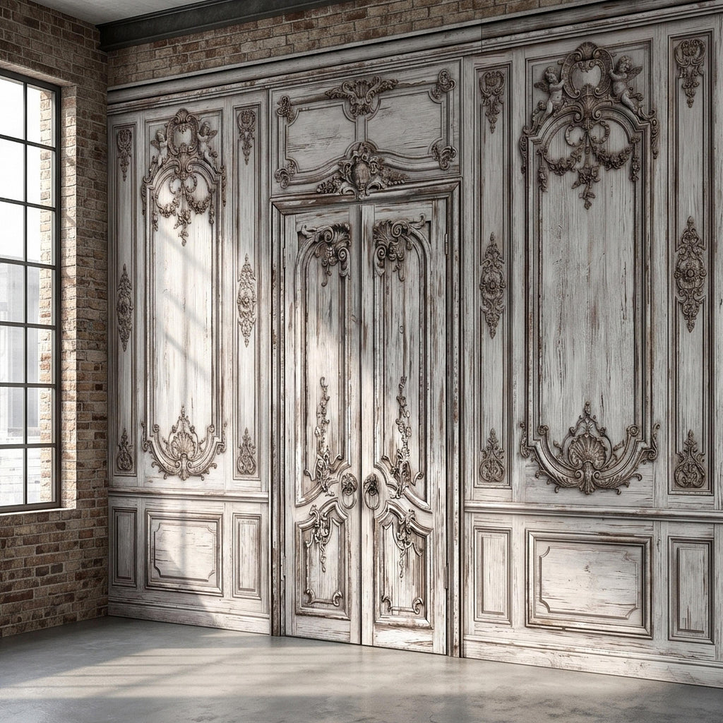 Vintage French Door Peel and Stick Wall Mural, Distressed White Baroque Boiserie Panels, Ornate Antique Chateau Trompe l'Oeil Wallpaper