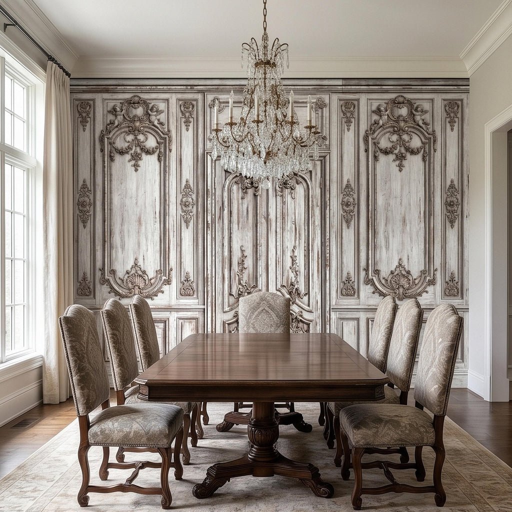 Vintage French Door Peel and Stick Wall Mural, Distressed White Baroque Boiserie Panels, Ornate Antique Chateau Trompe l'Oeil Wallpaper