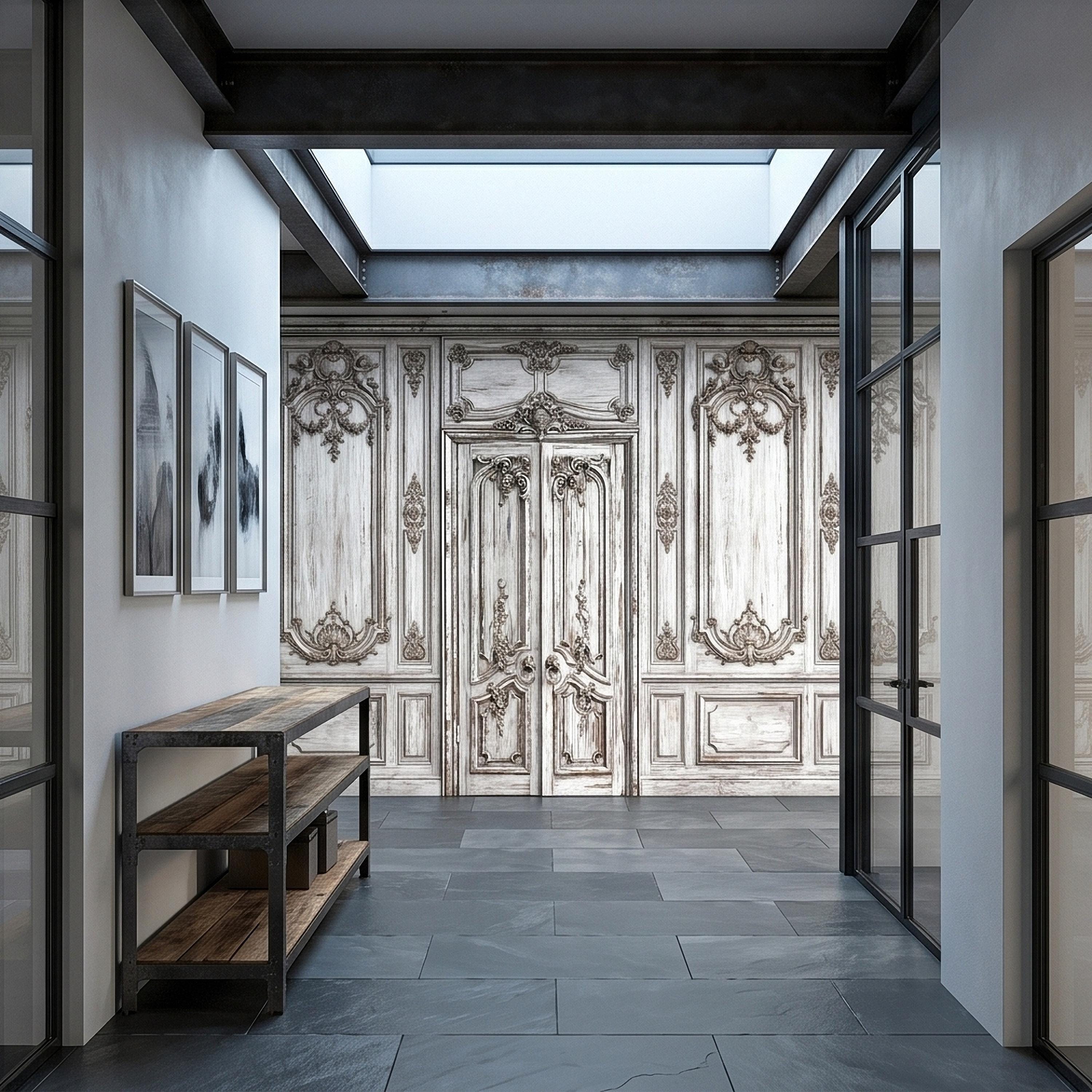 Vintage French Door Peel and Stick Wall Mural, Distressed White Baroque Boiserie Panels, Ornate Antique Chateau Trompe l'Oeil Wallpaper