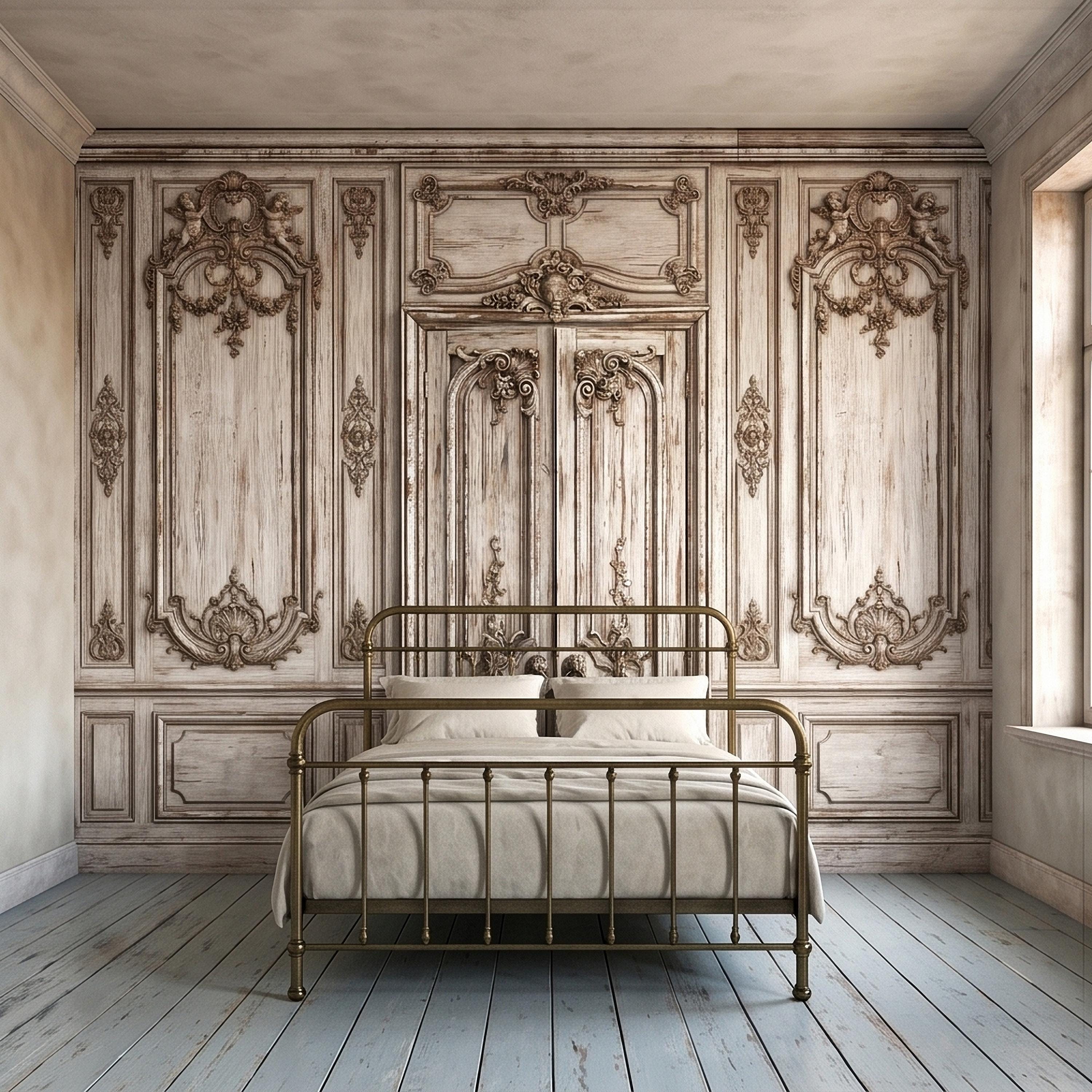 Vintage French Door Peel and Stick Wall Mural, Distressed White Baroque Boiserie Panels, Ornate Antique Chateau Trompe l'Oeil Wallpaper