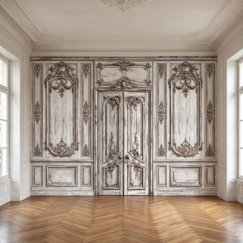Vintage French Door Peel and Stick Wall Mural, Distressed White Baroque Boiserie Panels, Ornate Antique Chateau Trompe l'Oeil Wallpaper