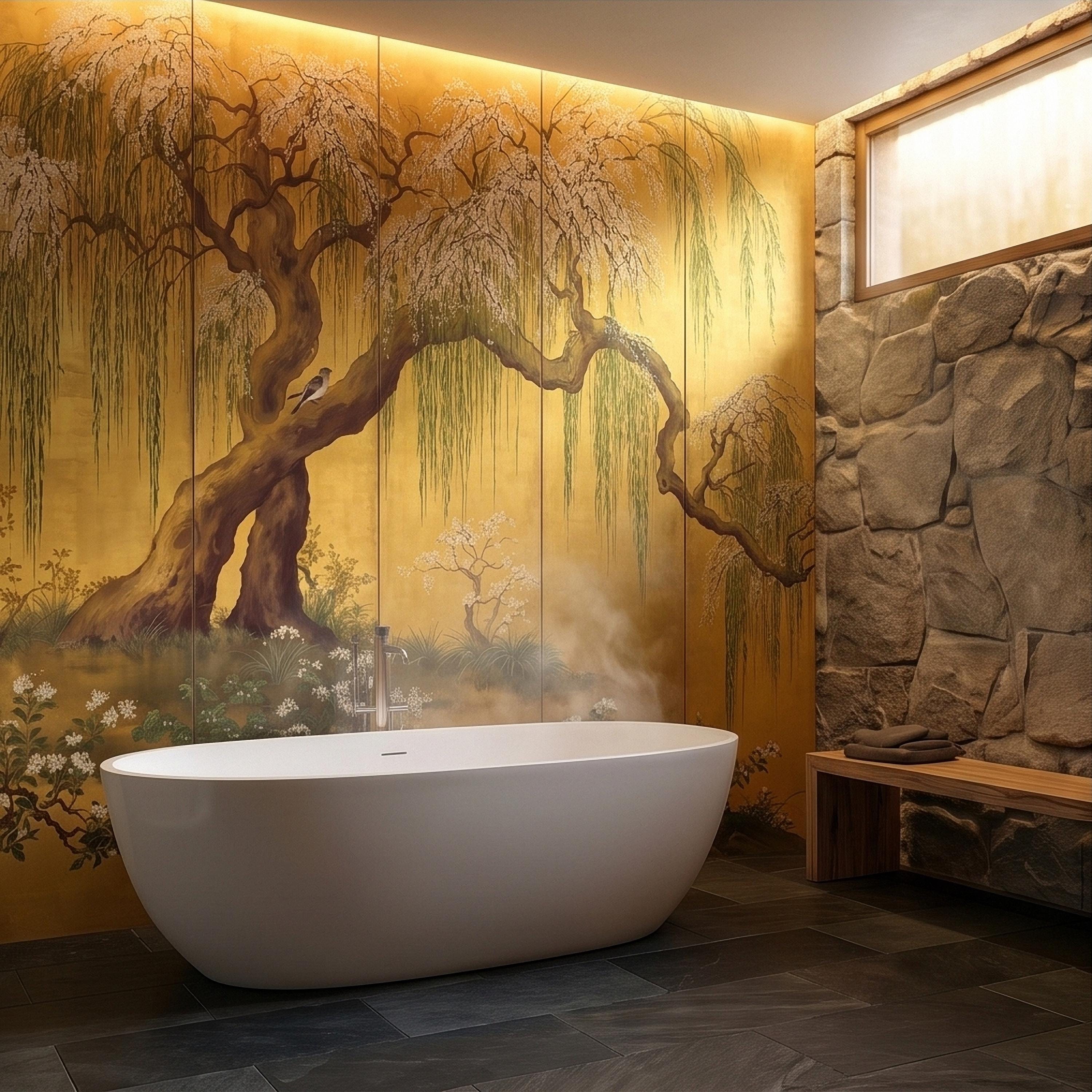 Willow Tree and Cherry Blossoms Peel and Stick Wall Mural, Vintage Asian Birds Landscape, Traditional Byobu Style Art Wallpaper