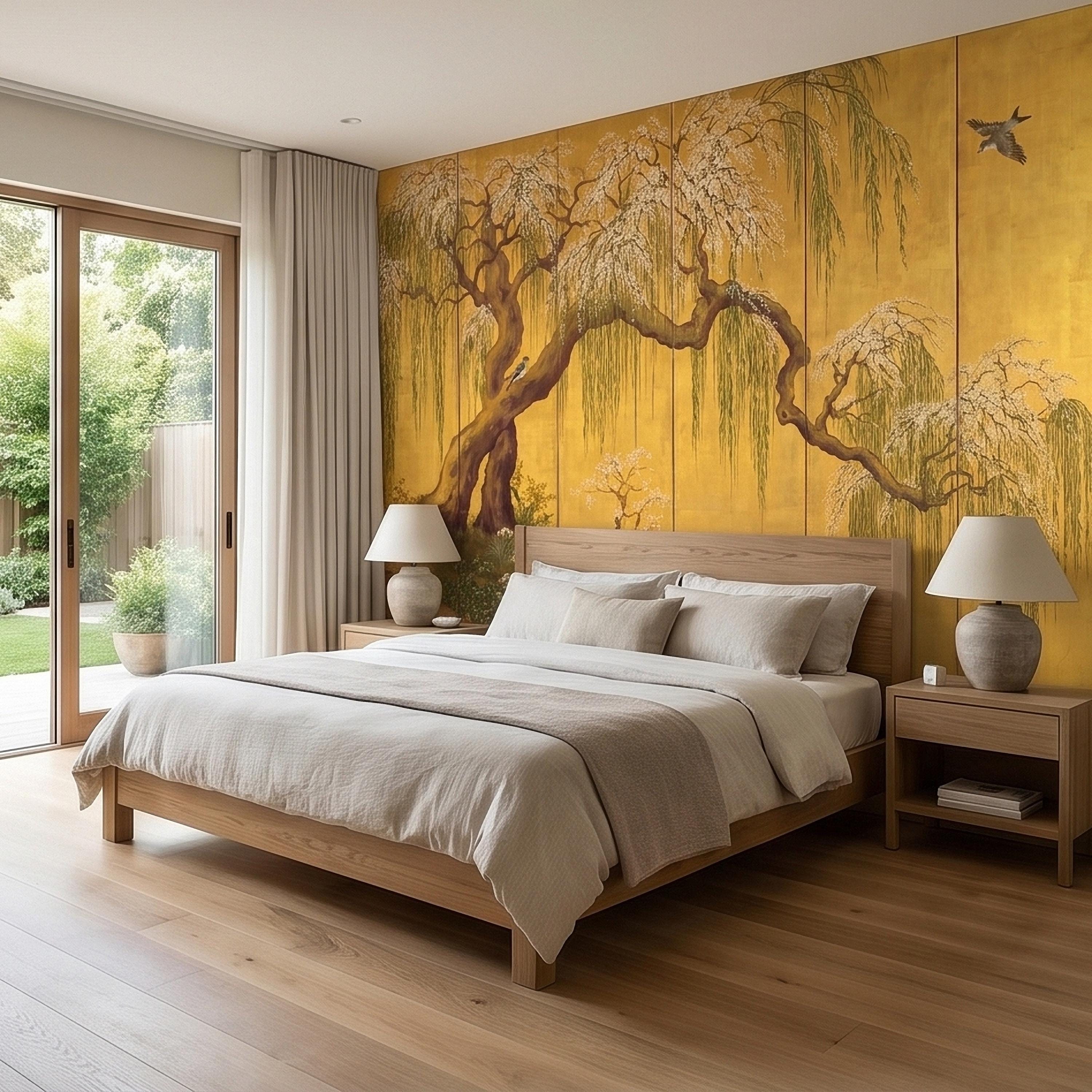 Willow Tree and Cherry Blossoms Peel and Stick Wall Mural, Vintage Asian Birds Landscape, Traditional Byobu Style Art Wallpaper