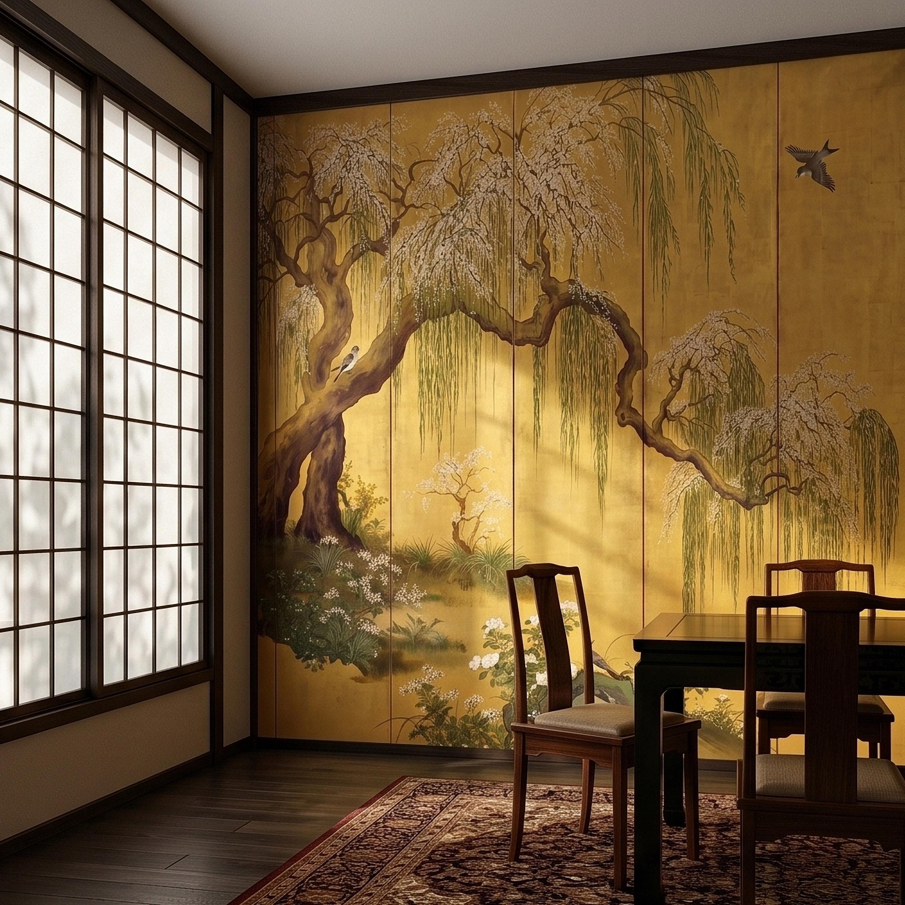 Willow Tree and Cherry Blossoms Peel and Stick Wall Mural, Vintage Asian Birds Landscape, Traditional Byobu Style Art Wallpaper