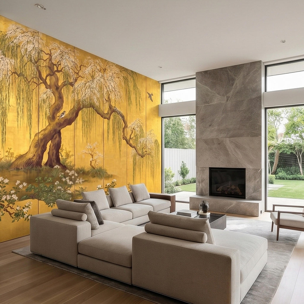 Willow Tree and Cherry Blossoms Peel and Stick Wall Mural, Vintage Asian Birds Landscape, Traditional Byobu Style Art Wallpaper