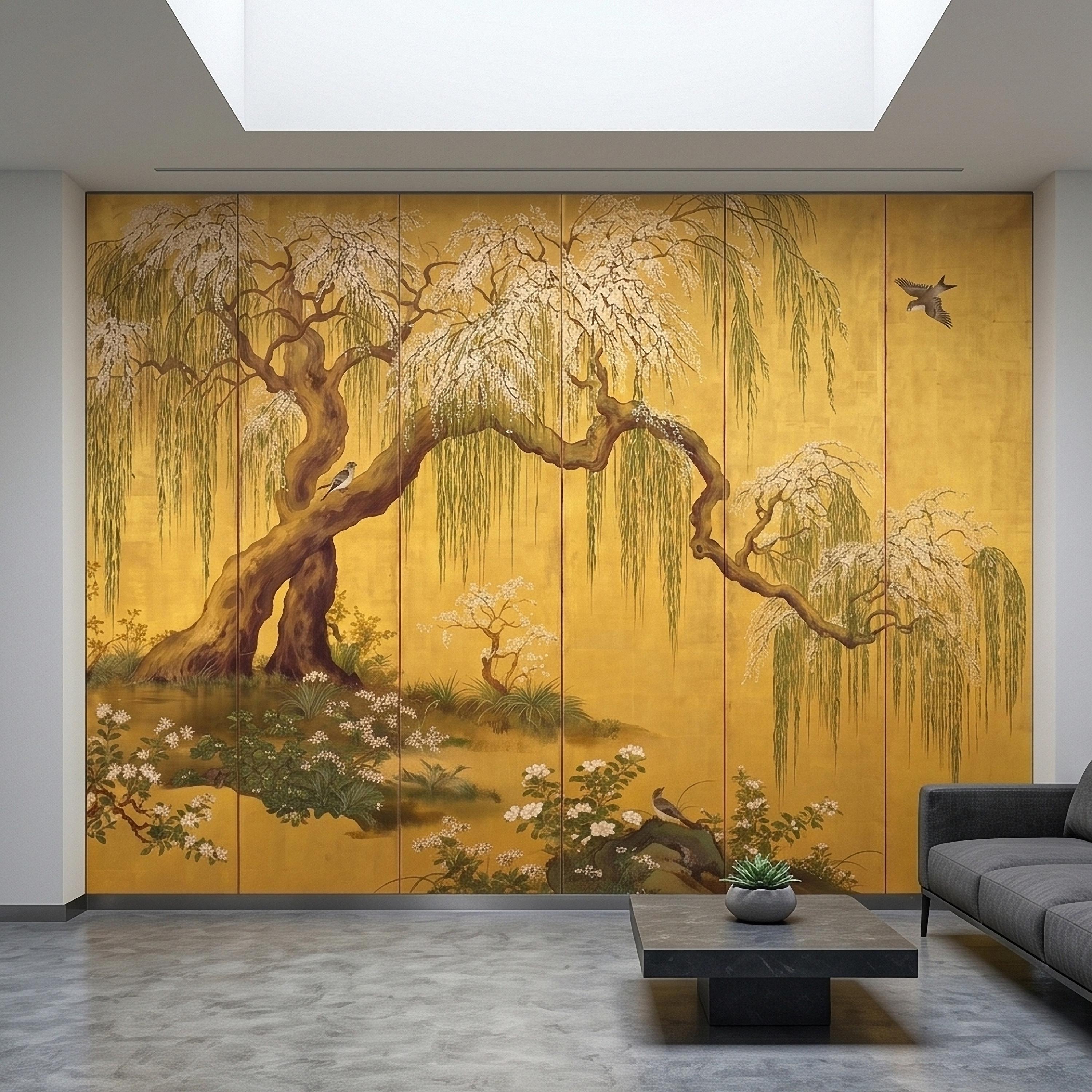 Willow Tree and Cherry Blossoms Peel and Stick Wall Mural, Vintage Asian Birds Landscape, Traditional Byobu Style Art Wallpaper