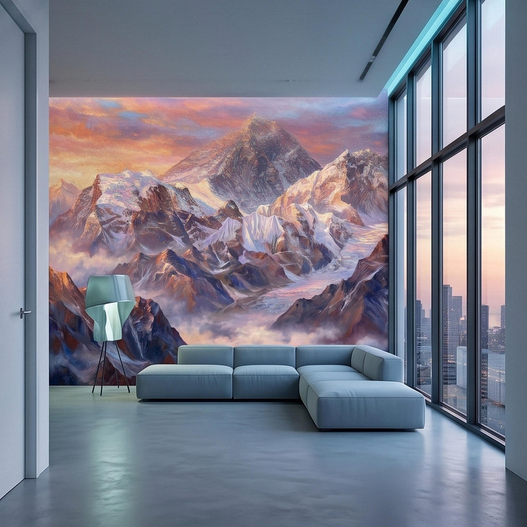Sunset Snowy Mountain Peel and Stick Wall Mural, Colorful Himalayan Alpine Peaks Above Clouds, Pastel Sky Landscape Art Scenic Wallpaper