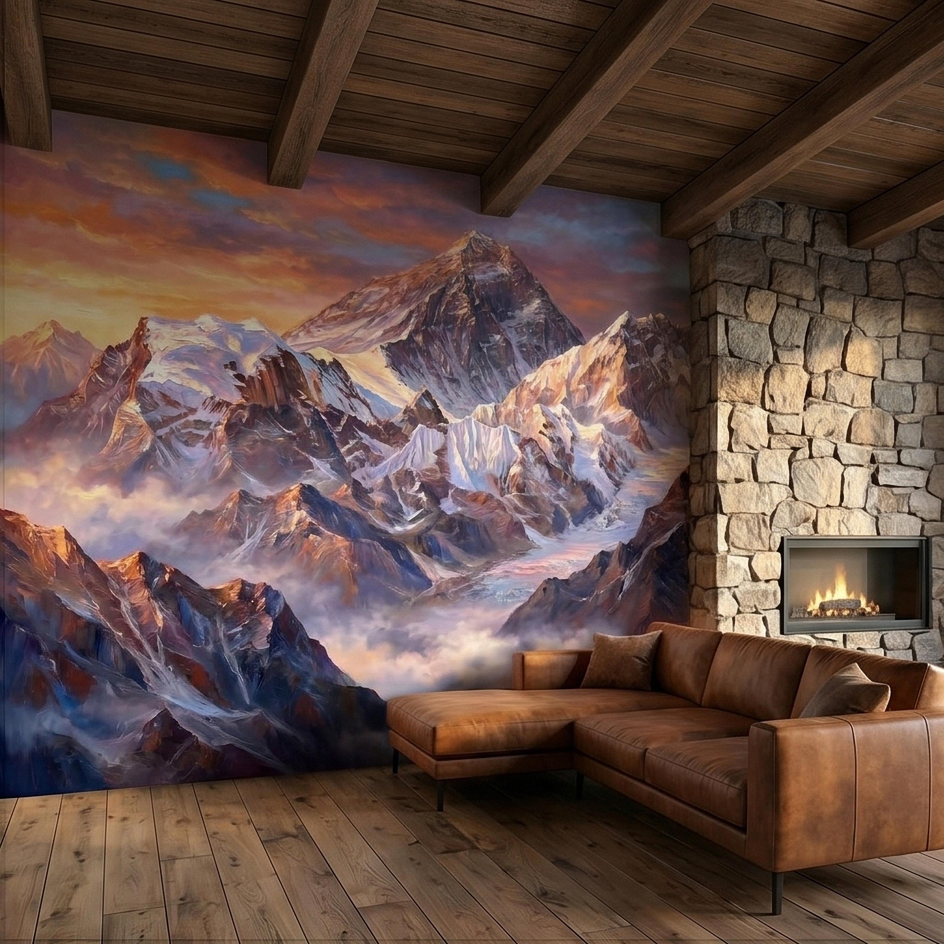 Sunset Snowy Mountain Peel and Stick Wall Mural, Colorful Himalayan Alpine Peaks Above Clouds, Pastel Sky Landscape Art Scenic Wallpaper