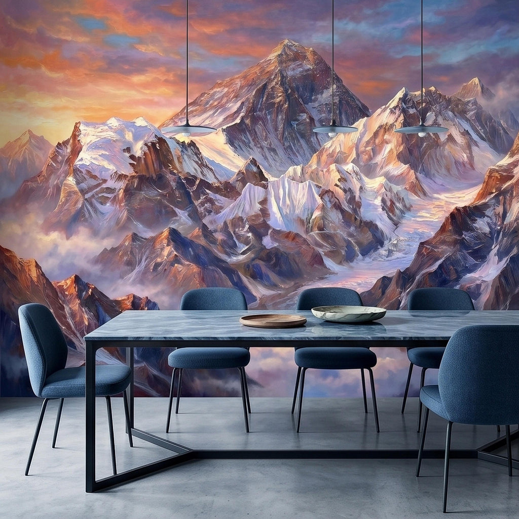 Sunset Snowy Mountain Peel and Stick Wall Mural, Colorful Himalayan Alpine Peaks Above Clouds, Pastel Sky Landscape Art Scenic Wallpaper