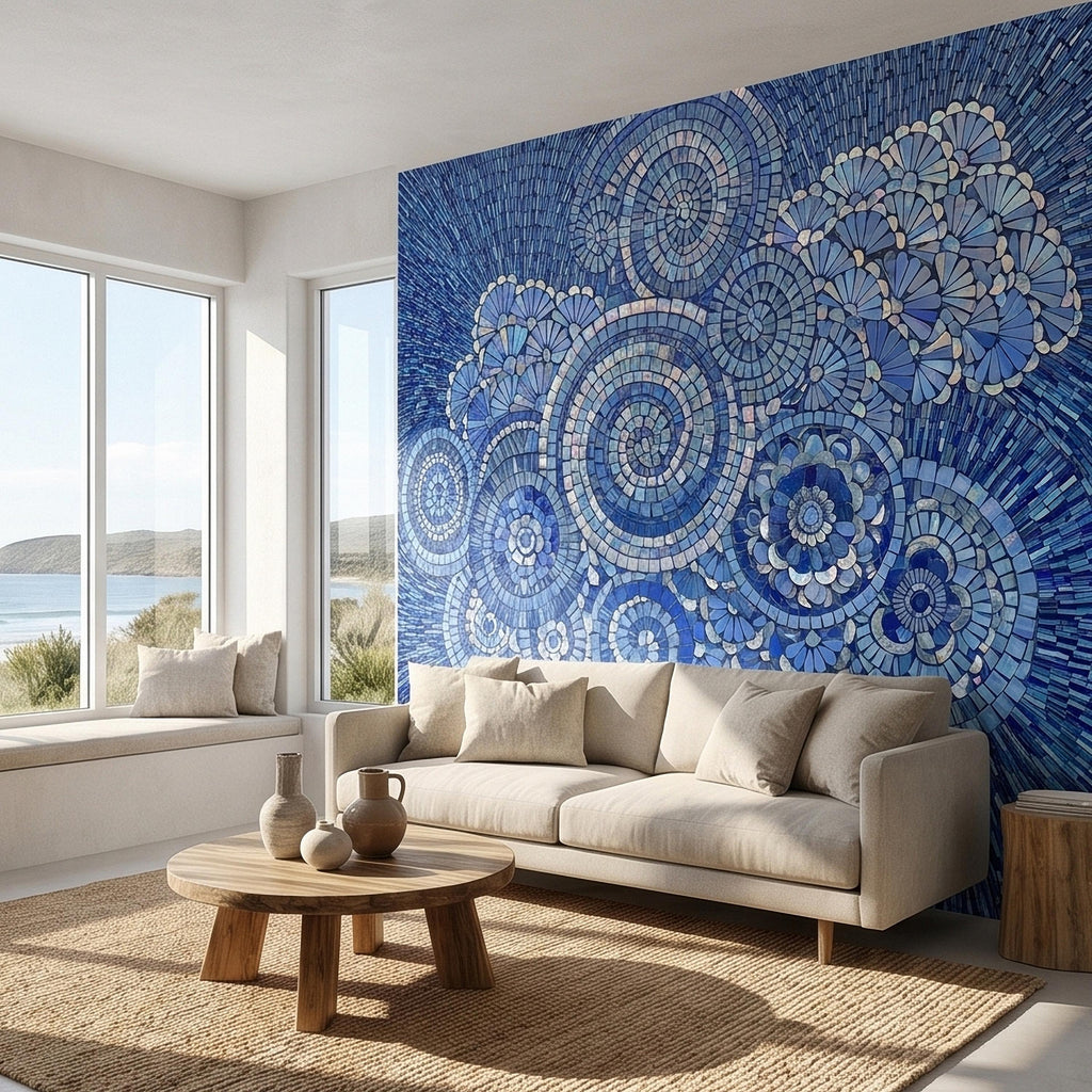 Blue and White Mosaic Floral Spiral Peel and Stick Wall Mural, Iridescent Tile Mandala Circles, Abstract Art Glass Ocean Pattern Wallpaper