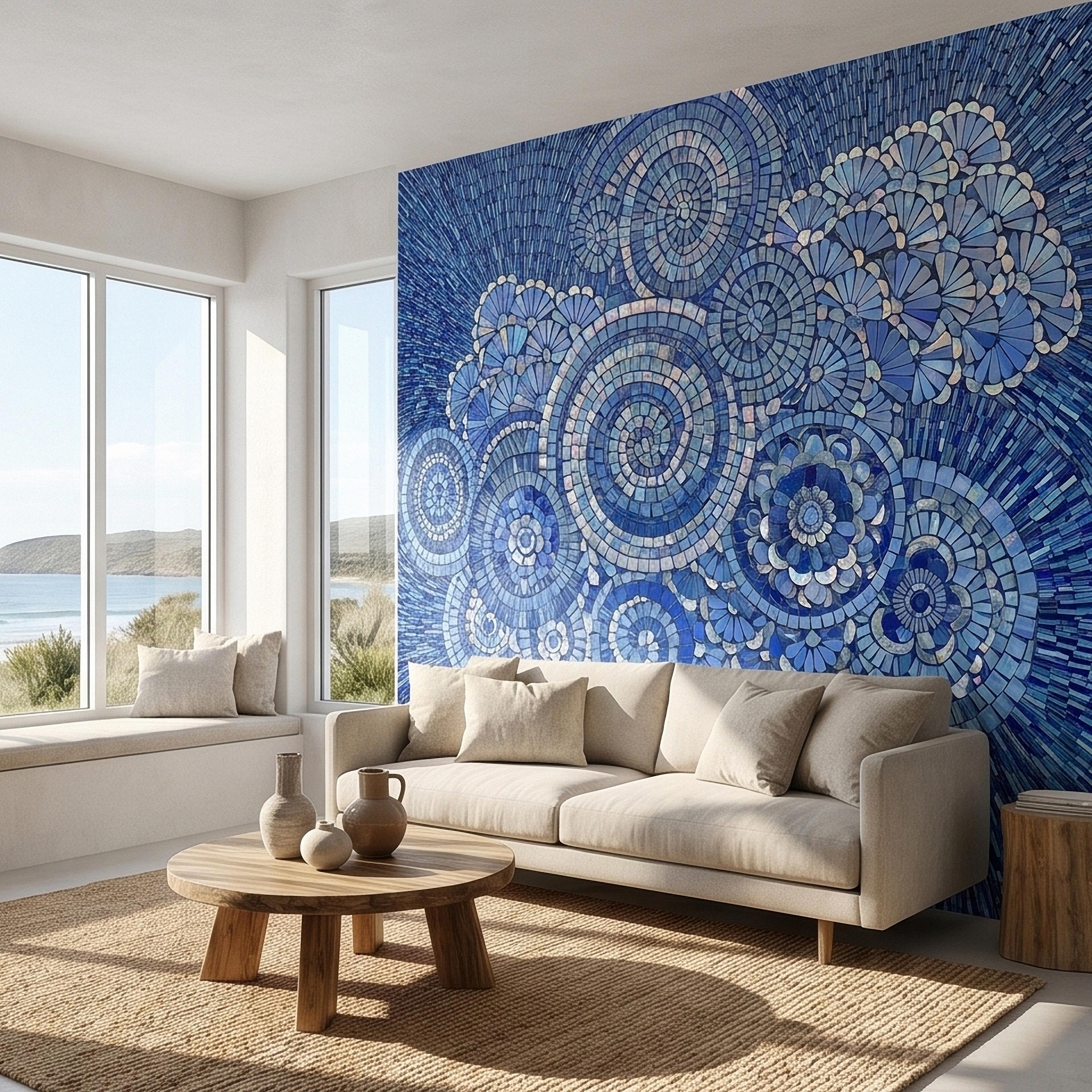 Blue and White Mosaic Floral Spiral Peel and Stick Wall Mural, Iridescent Tile Mandala Circles, Abstract Art Glass Ocean Pattern Wallpaper