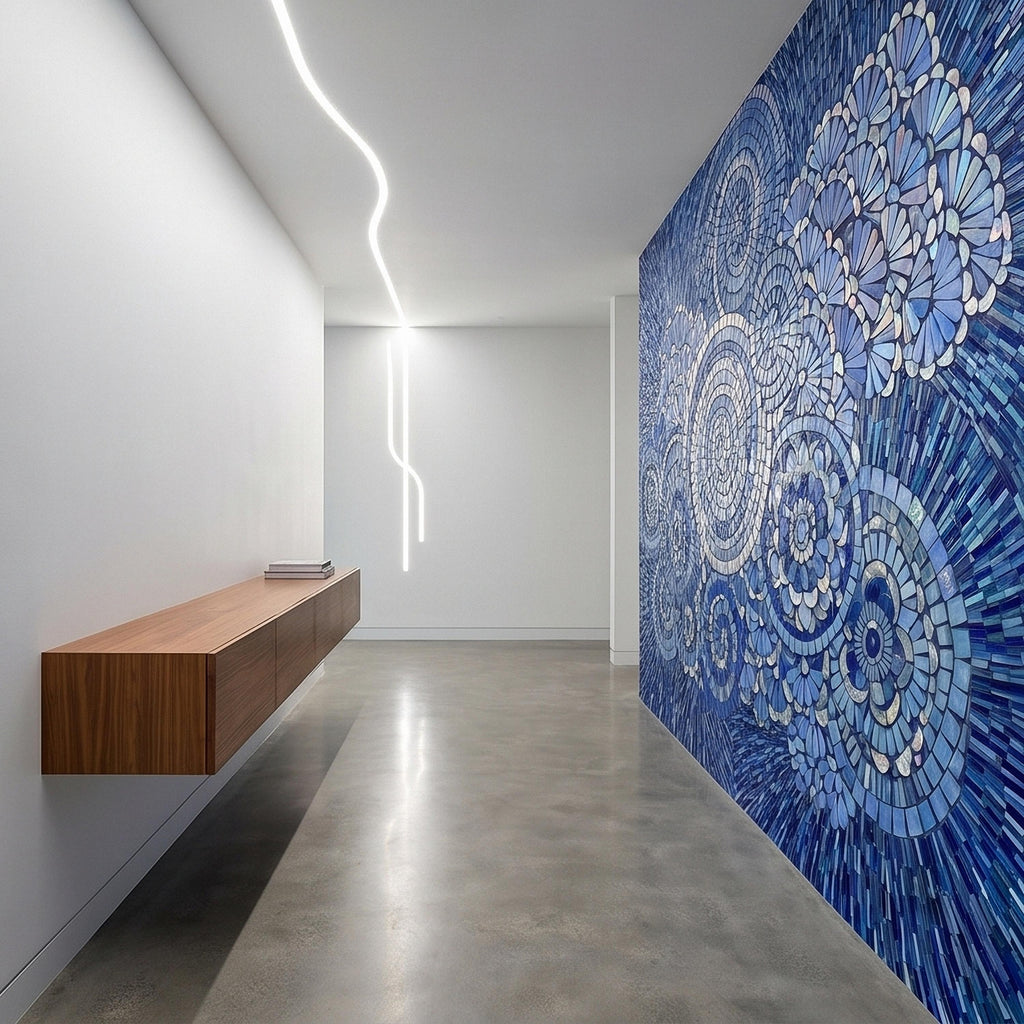 Blue and White Mosaic Floral Spiral Peel and Stick Wall Mural, Iridescent Tile Mandala Circles, Abstract Art Glass Ocean Pattern Wallpaper