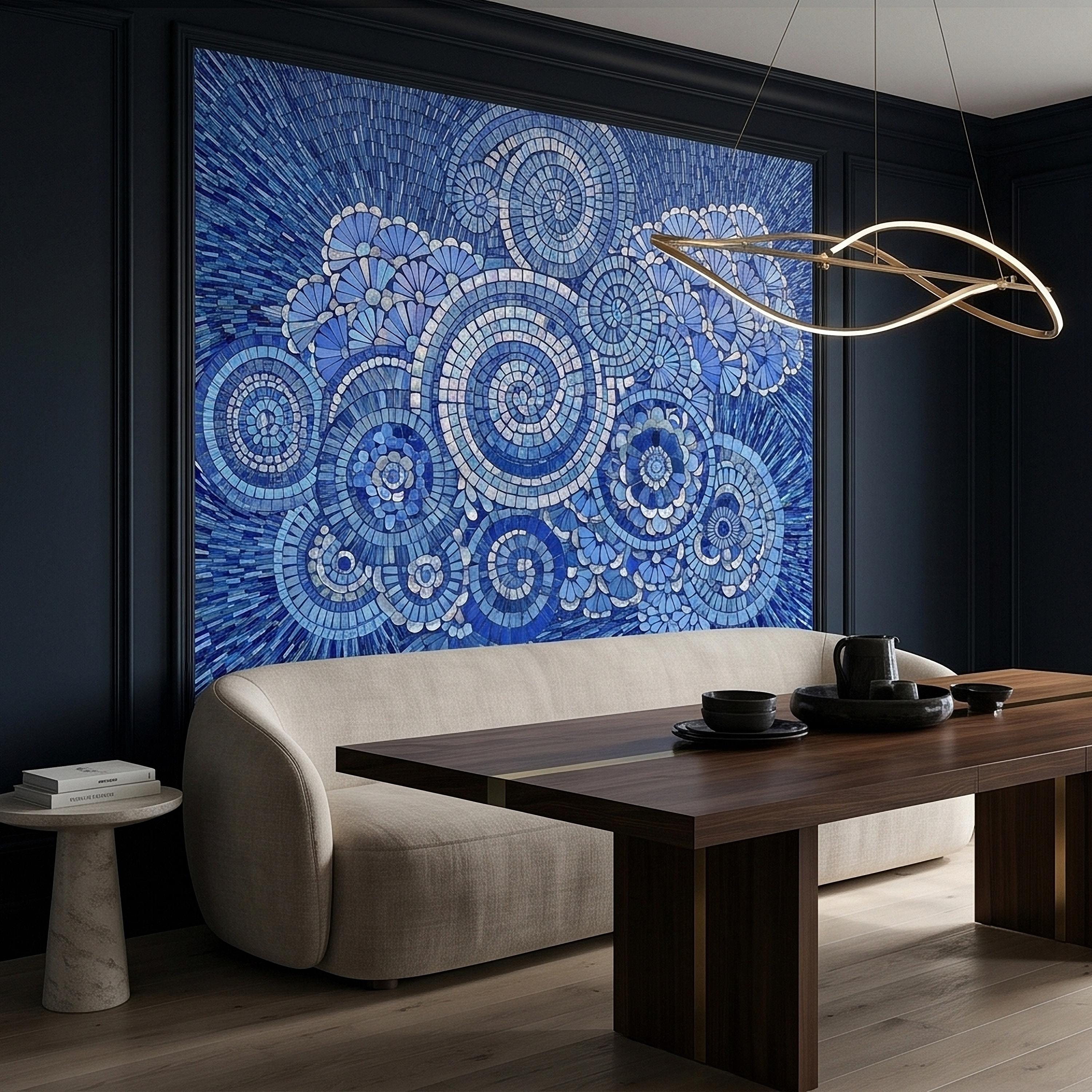Blue and White Mosaic Floral Spiral Peel and Stick Wall Mural, Iridescent Tile Mandala Circles, Abstract Art Glass Ocean Pattern Wallpaper