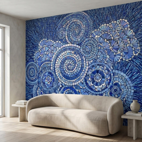 Blue and White Mosaic Floral Spiral Peel and Stick Wall Mural, Iridescent Tile Mandala Circles, Abstract Art Glass Ocean Pattern Wallpaper - The Fine Art Murals