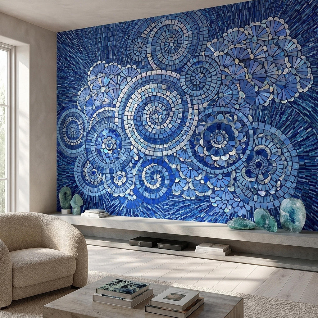 Blue and White Mosaic Floral Spiral Peel and Stick Wall Mural, Iridescent Tile Mandala Circles, Abstract Art Glass Ocean Pattern Wallpaper