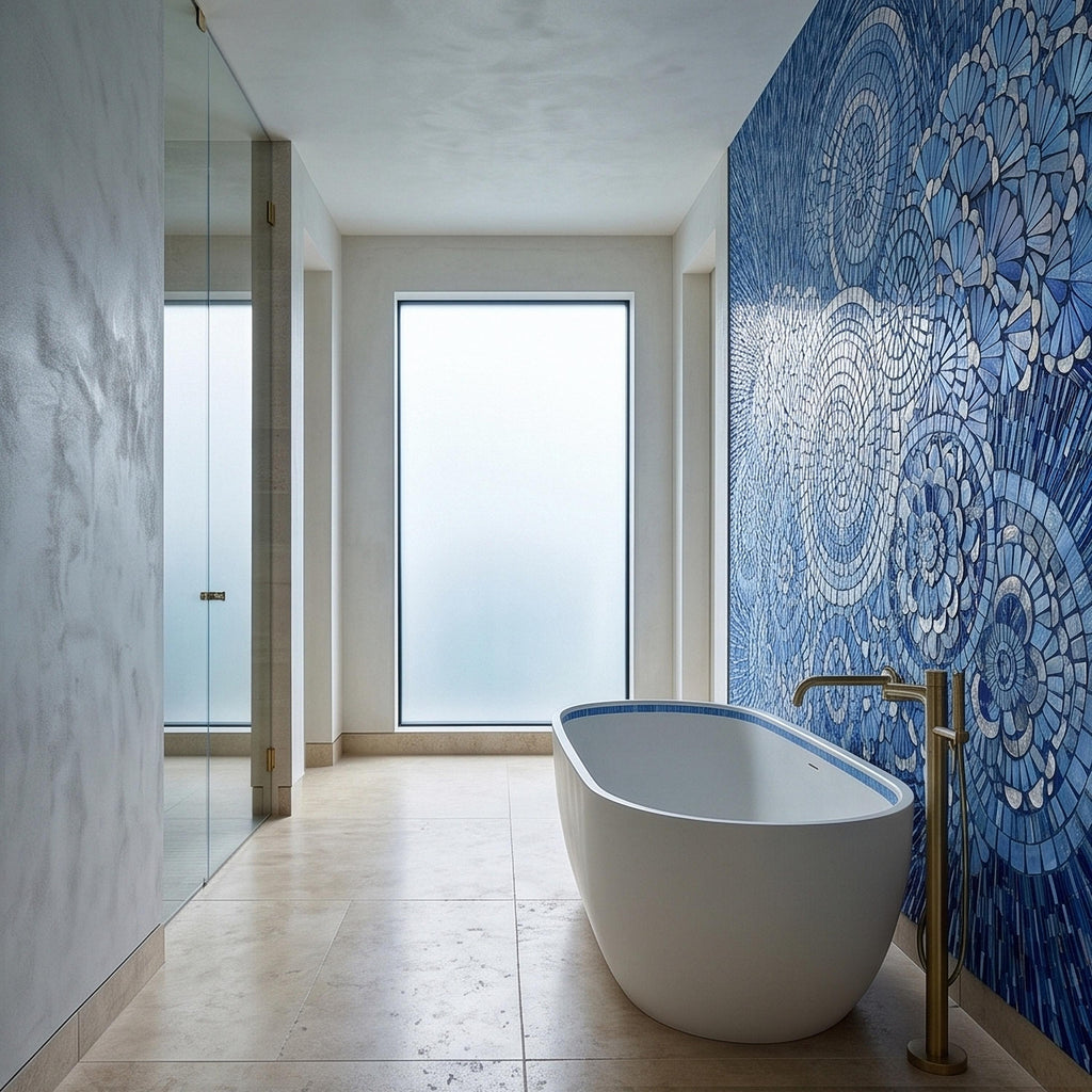 Blue and White Mosaic Floral Spiral Peel and Stick Wall Mural, Iridescent Tile Mandala Circles, Abstract Art Glass Ocean Pattern Wallpaper