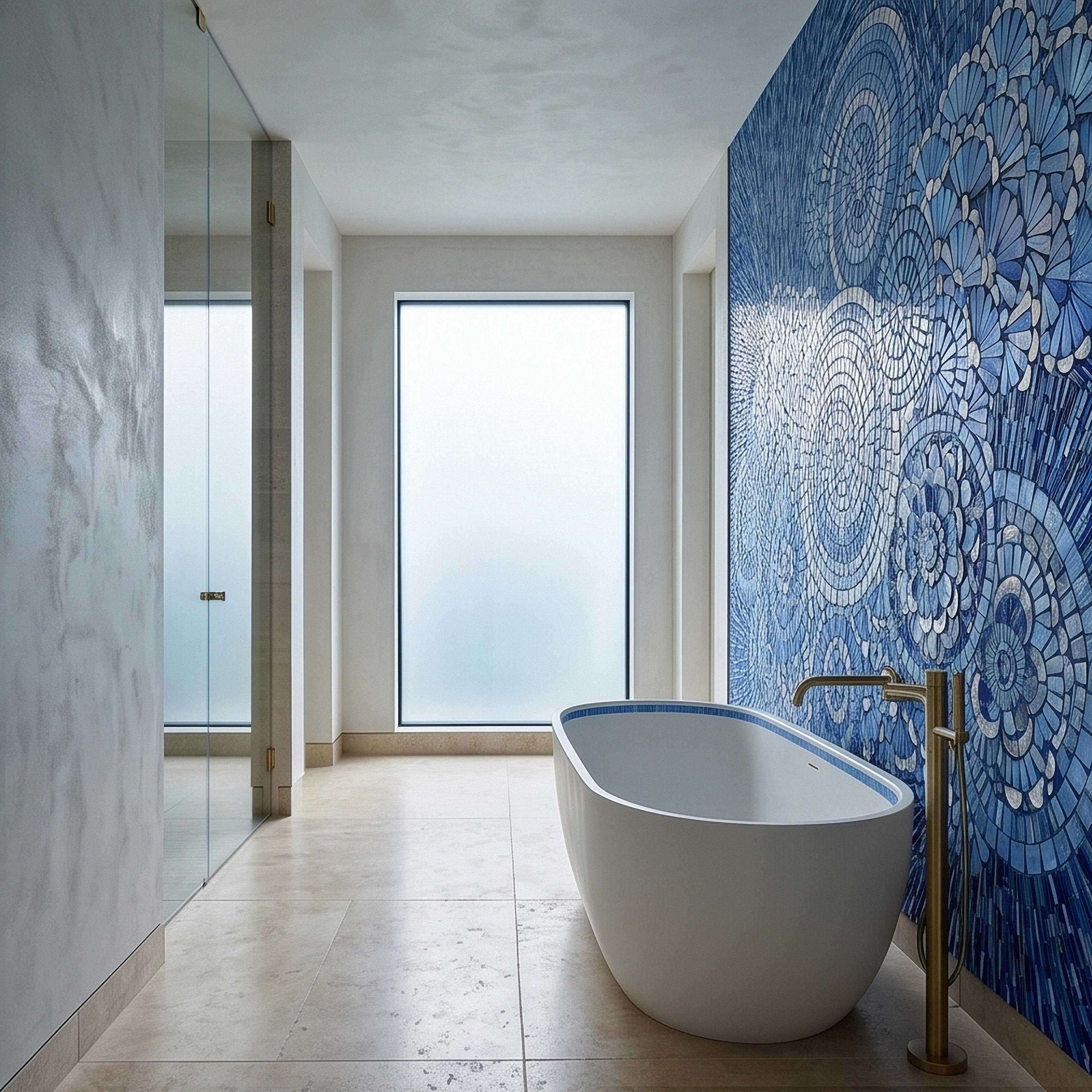 Blue and White Mosaic Floral Spiral Peel and Stick Wall Mural, Iridescent Tile Mandala Circles, Abstract Art Glass Ocean Pattern Wallpaper