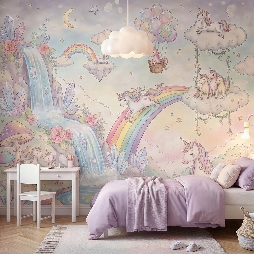 Pastel Unicorn Rainbow Peel and Stick Wall Mural, Moon Clouds Stars and Balloons, Watercolor Waterfall Fantasy Whimsical Kids Art Wallpaper