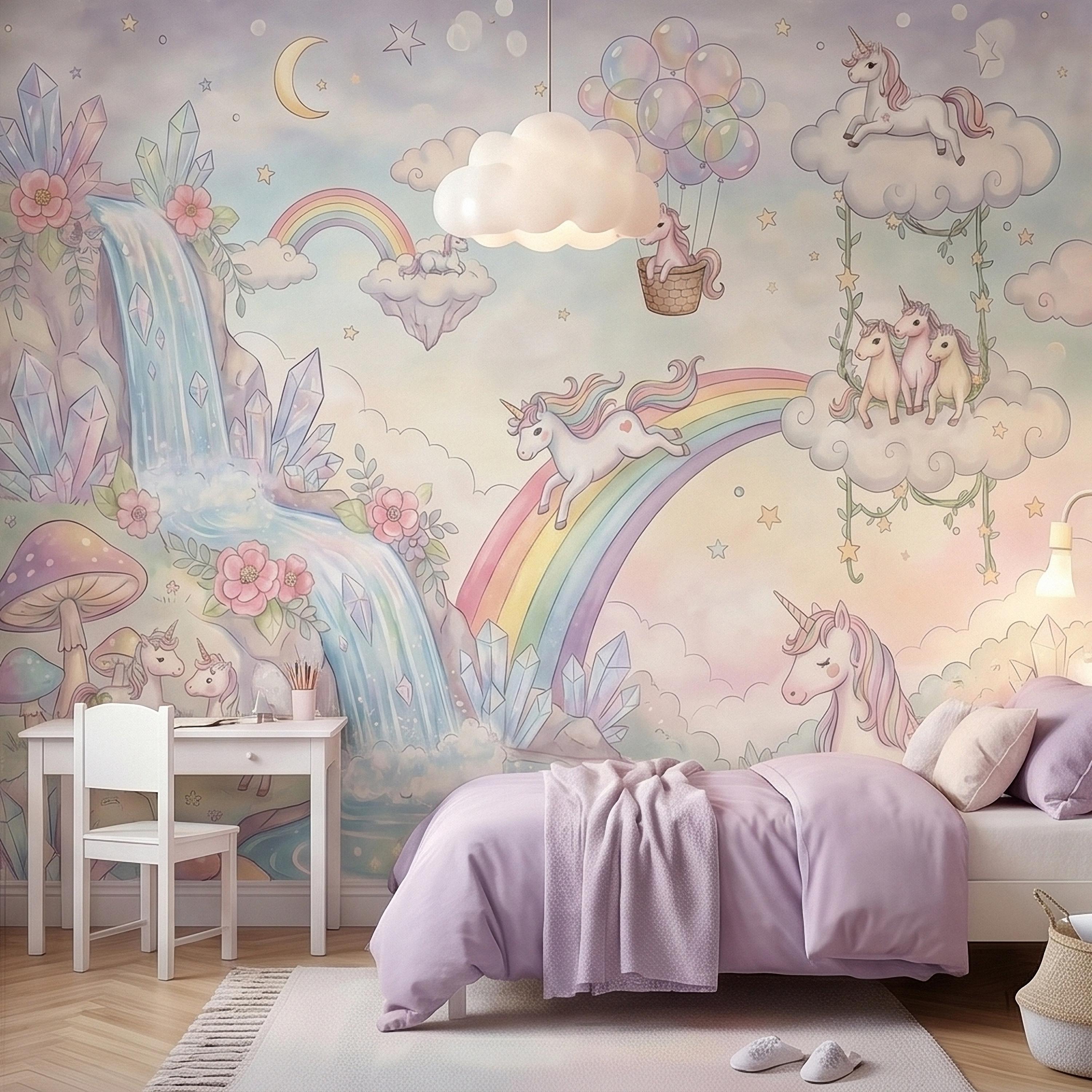 Pastel Unicorn Rainbow Peel and Stick Wall Mural, Moon Clouds Stars and Balloons, Watercolor Waterfall Fantasy Whimsical Kids Art Wallpaper