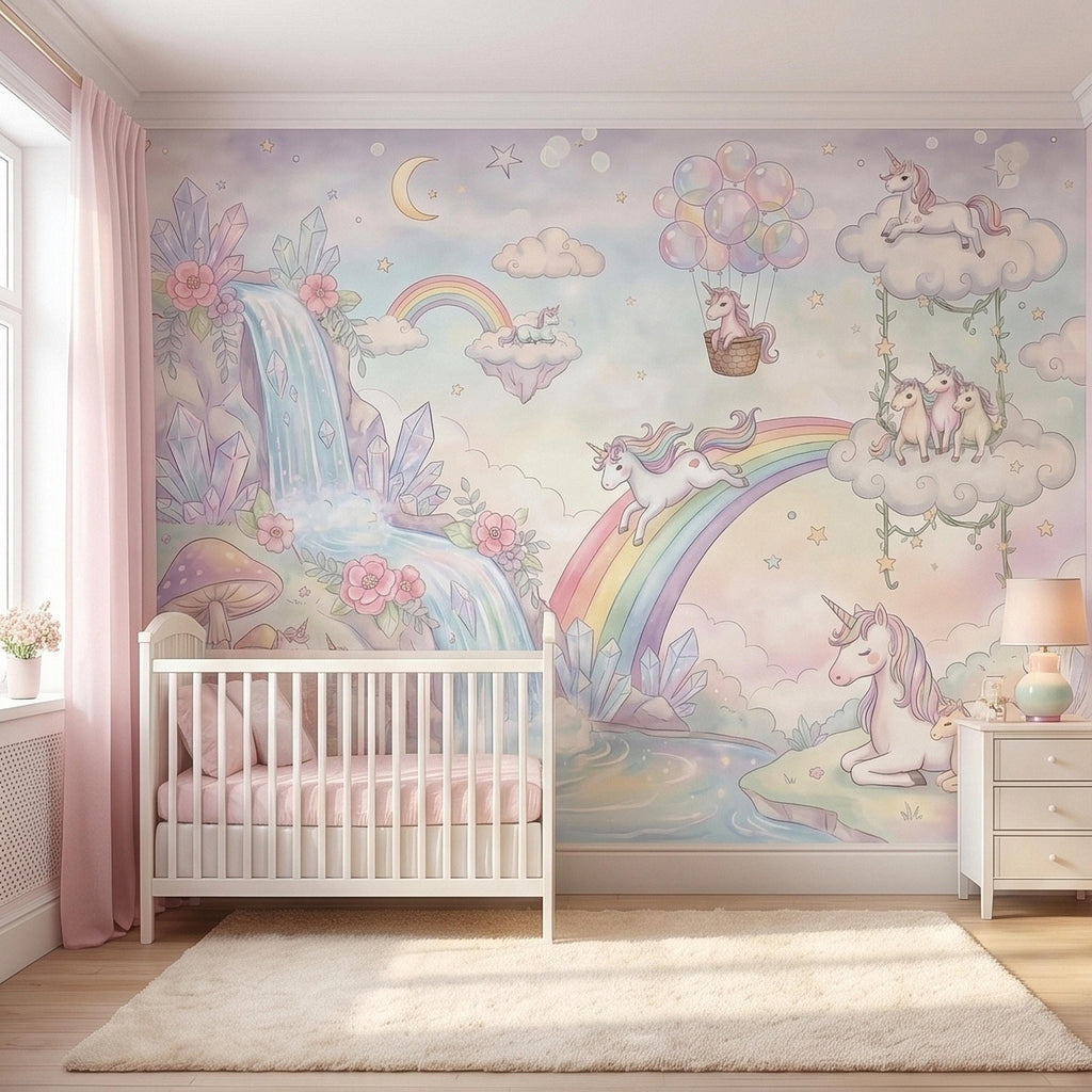Pastel Unicorn Rainbow Peel and Stick Wall Mural, Moon Clouds Stars and Balloons, Watercolor Waterfall Fantasy Whimsical Kids Art Wallpaper